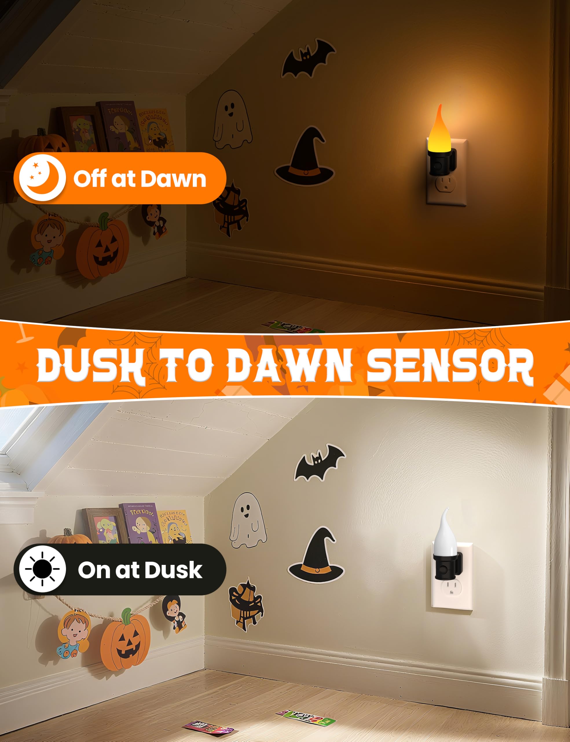 Halloween Night Lights, 3 Modes Candle Night Light Plug in with Dusk to Dawn Sensor, Flickering Flame Night Light for Party Deco