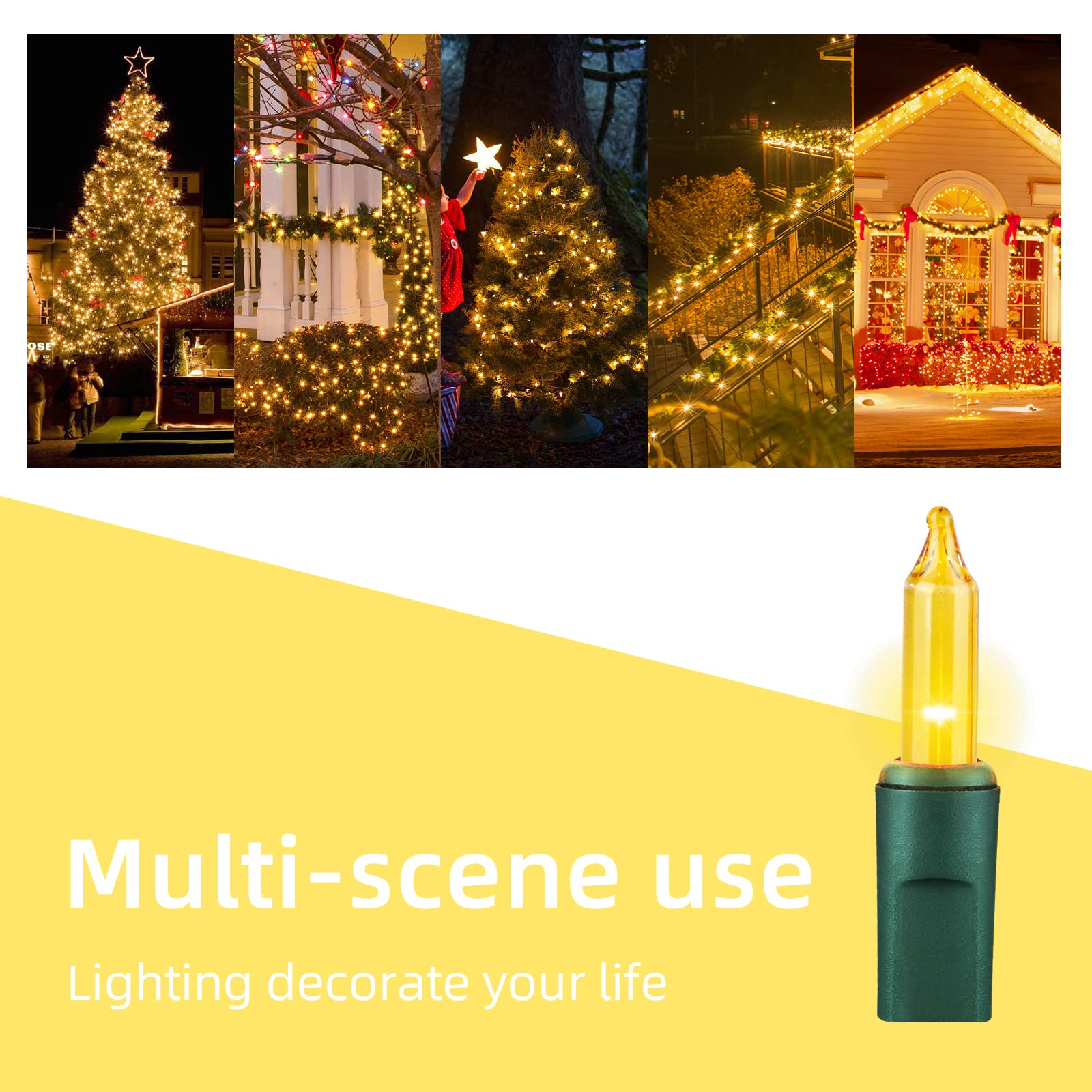 Xmashome 19.6Ft Green Wire Yellow String Lights, 100 Count Incandescent Christmas Lights (Yellow, 100 Lights)