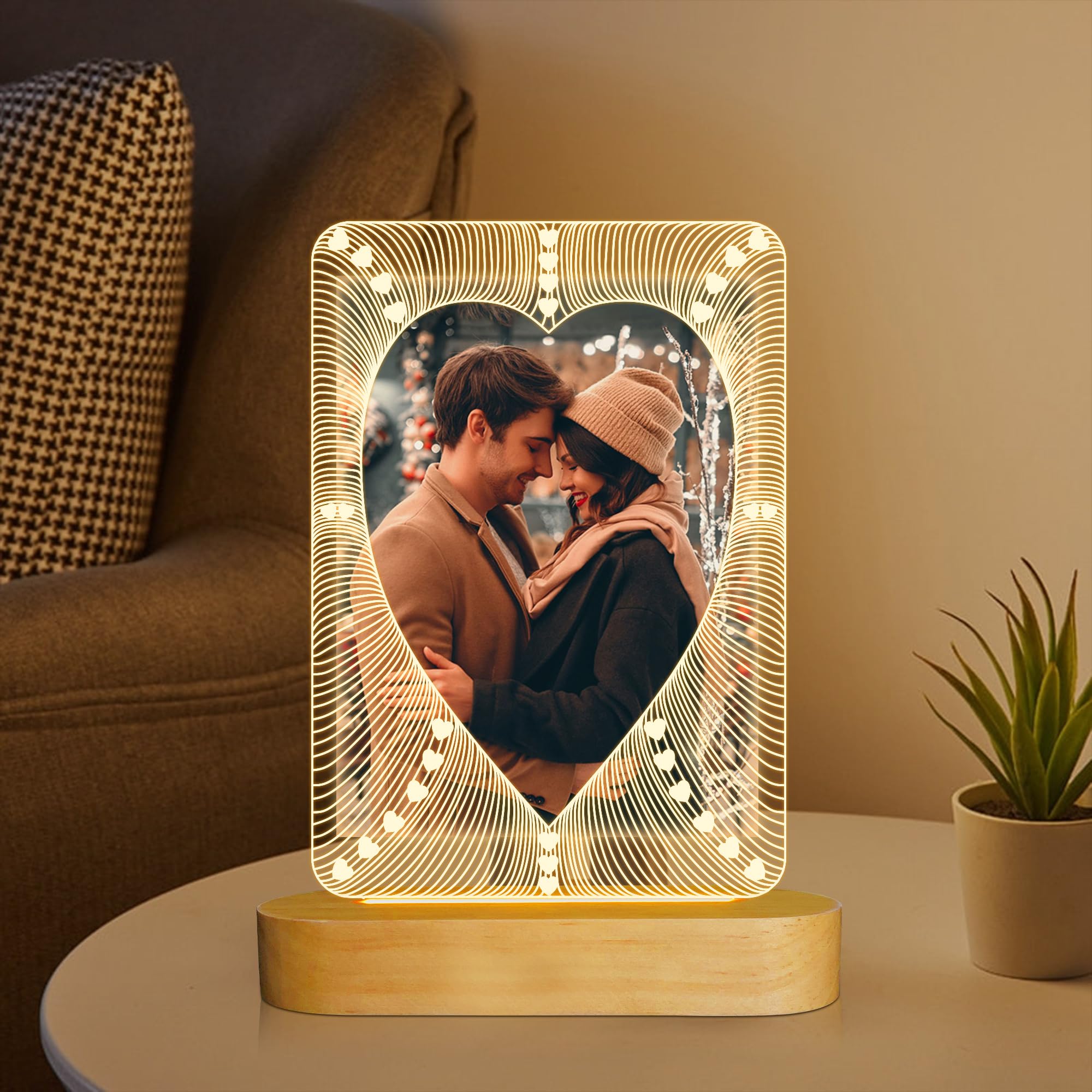 Attivolife Picture Frame For Him Her, Heart Photo Frame With Led Night Light, Bedroom Living Room Decor, Romantic Present For Co