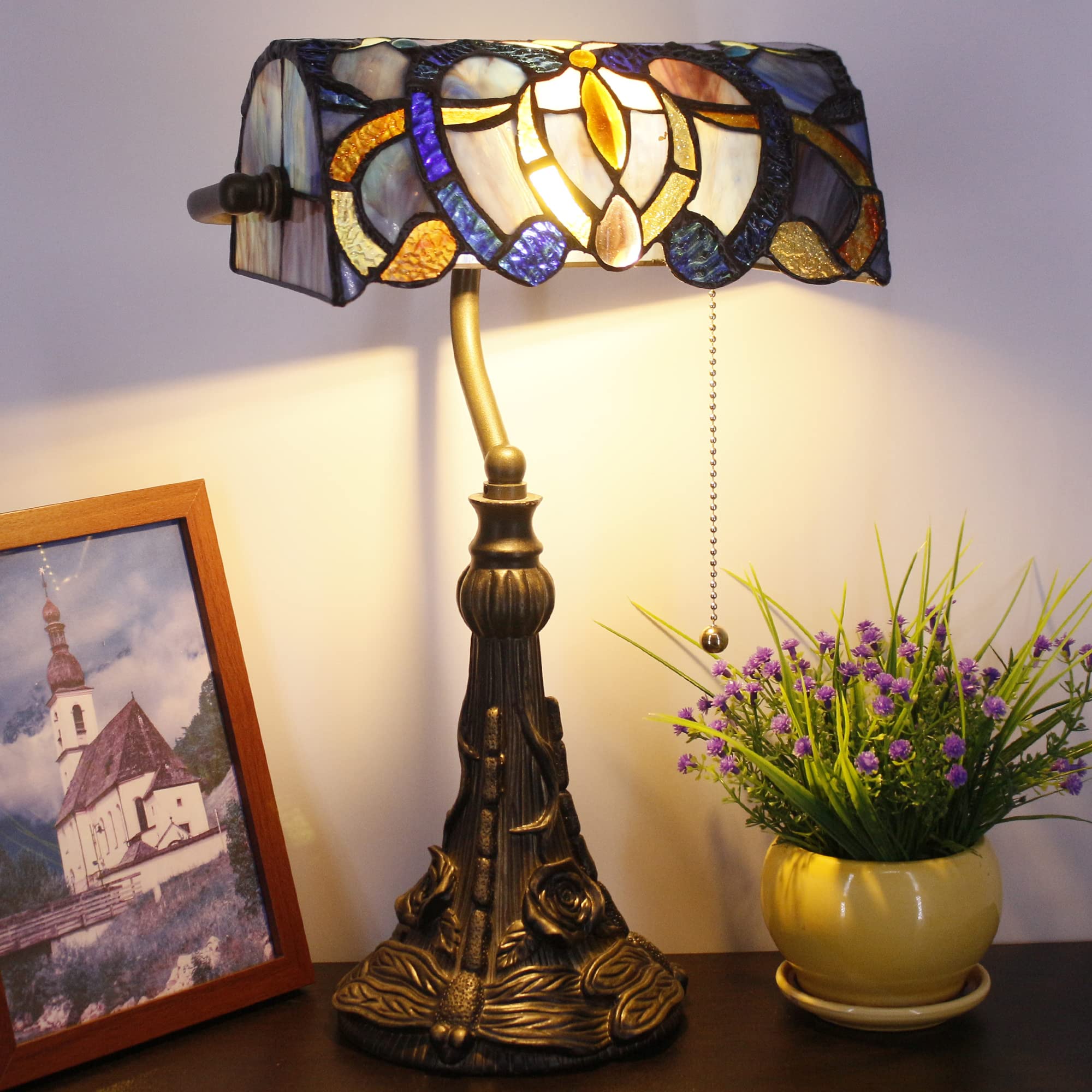 Tiffany Banker Lamp Small Stained Glass Table Lamp Tiffany Style Piano Light Green Glass Style Desk Lamp Angle Adjustable 10.6X1
