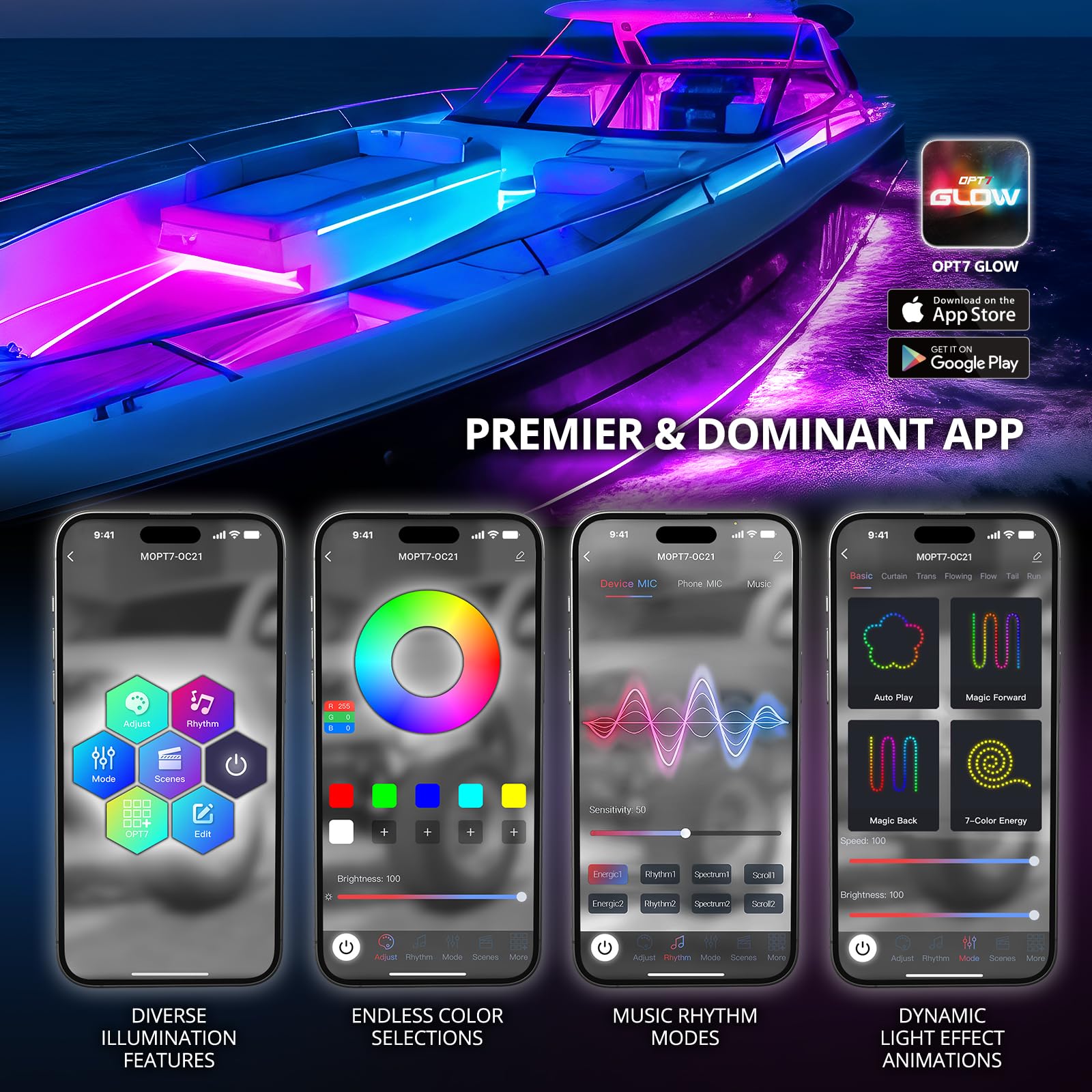 OPT7 Aura DreamColor Marine LED Strips Light Kit, 4 PCS RGB-IC, 12V Waterproof, 48in Silicone for Boats, Model AURA-GLOW-BOAT-48