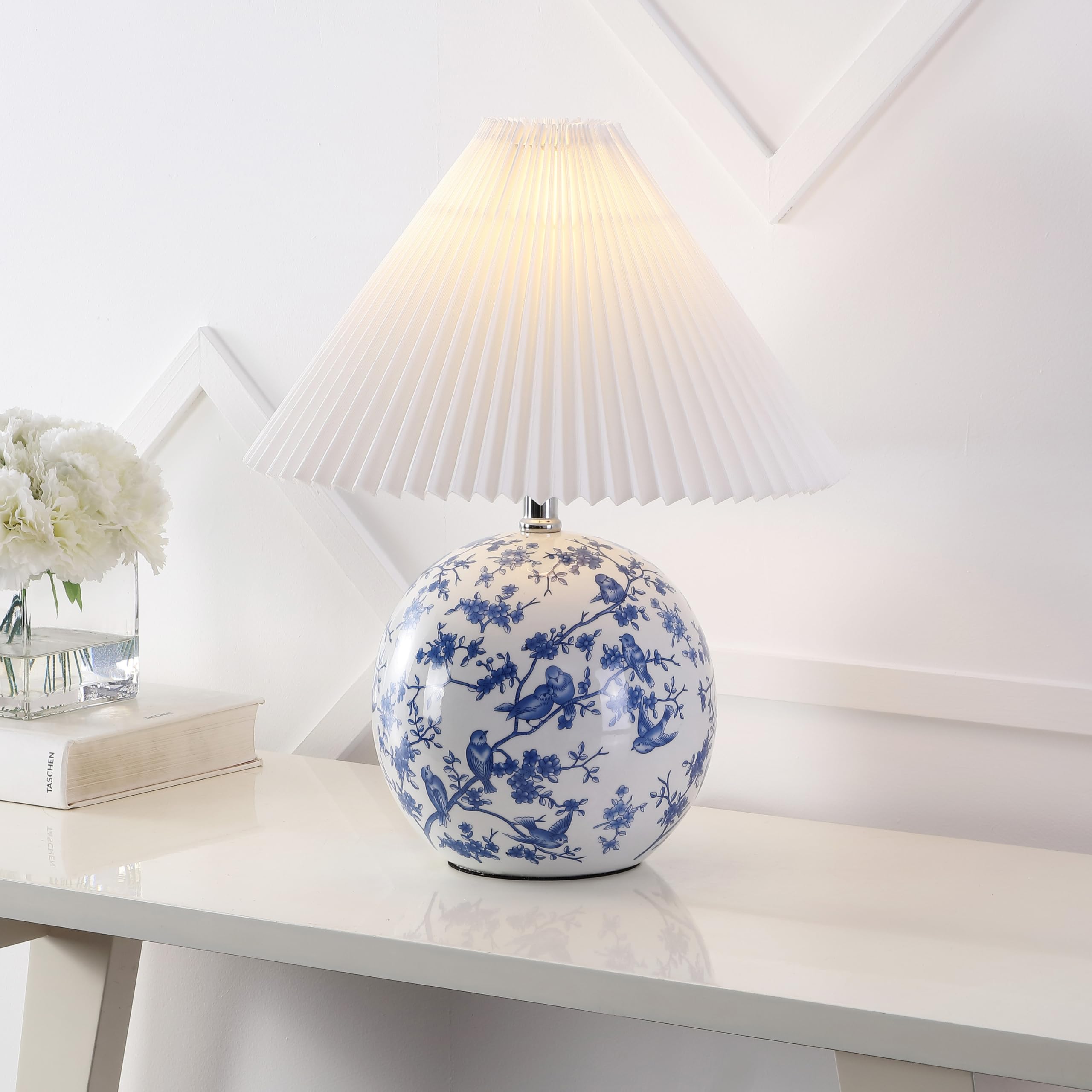 JONATHAN Y JYL5056B Shishen 19.5 Cottage Classic Chinoiserie Ceramic Orb LED Table Lamp with Pleated Shade, White/Blue for Bedro