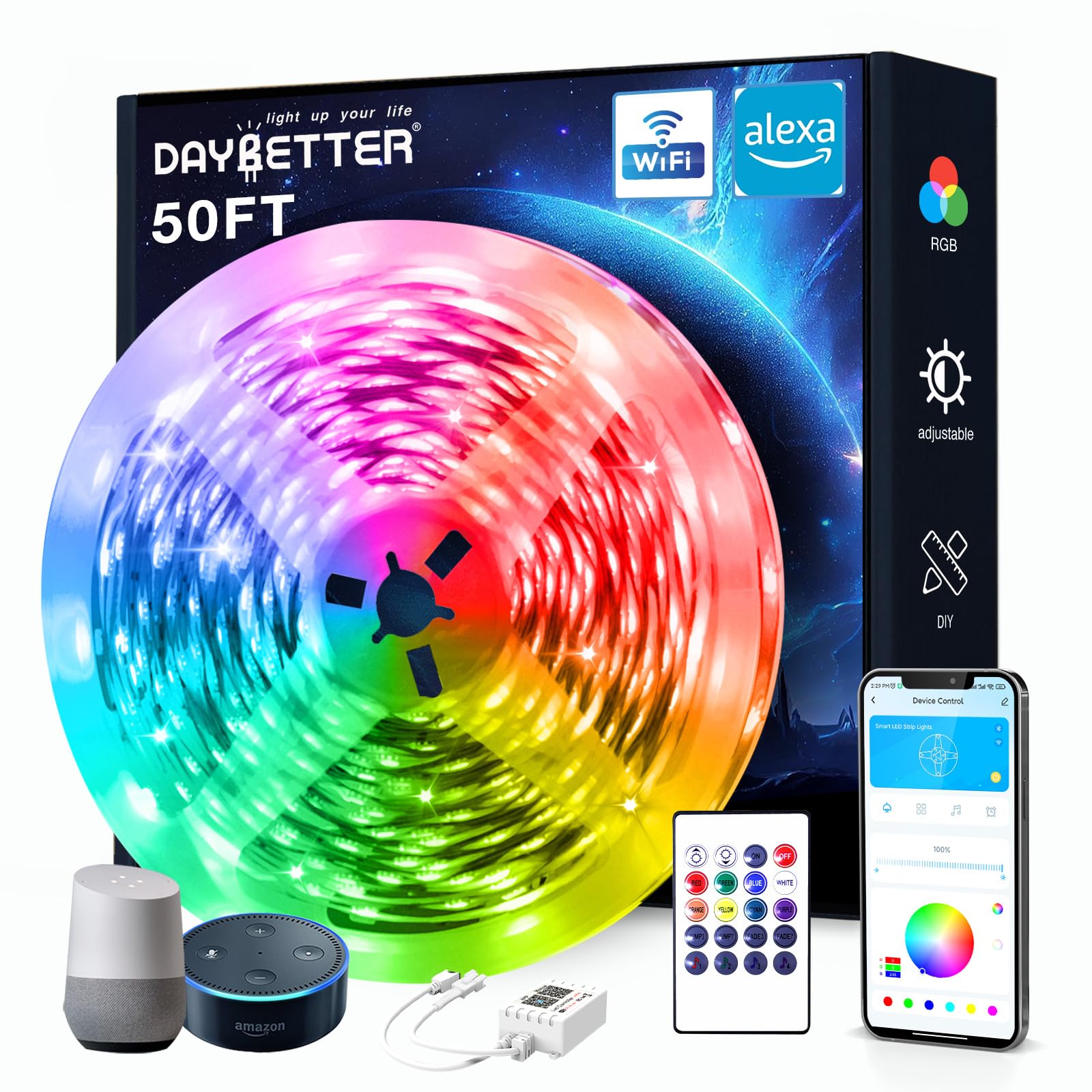 DAYBETTER Smart WiFi LED Strip Lights, 50FT RGB, App & Voice Control, Compatible with Alexa/Google Assistant, Multicolor, Model DADWF1501-V2