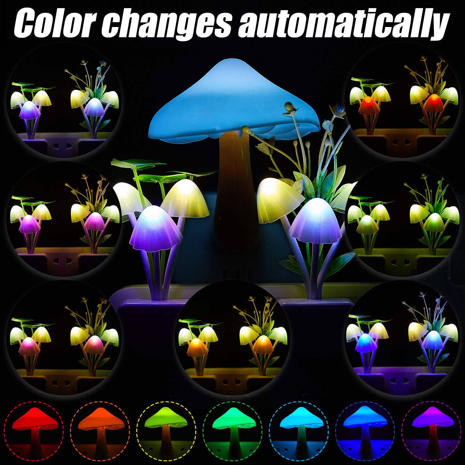 Mudder 6 Pcs Mushroom Night Lights, LED Color Changing Plug Light Sensor Wall Lamp for Kids and mature-themeds, ABS Material