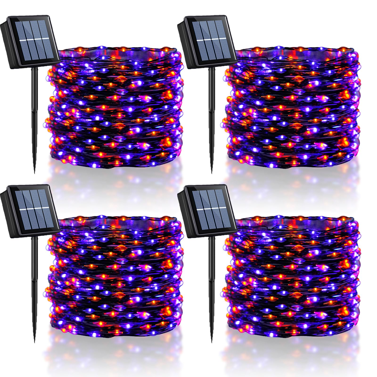YEGUO Solar Fairy Lights, 100 LED, 33ft, Waterproof, 8 Modes, Orange and Purple, Black Wire, 4 Packs