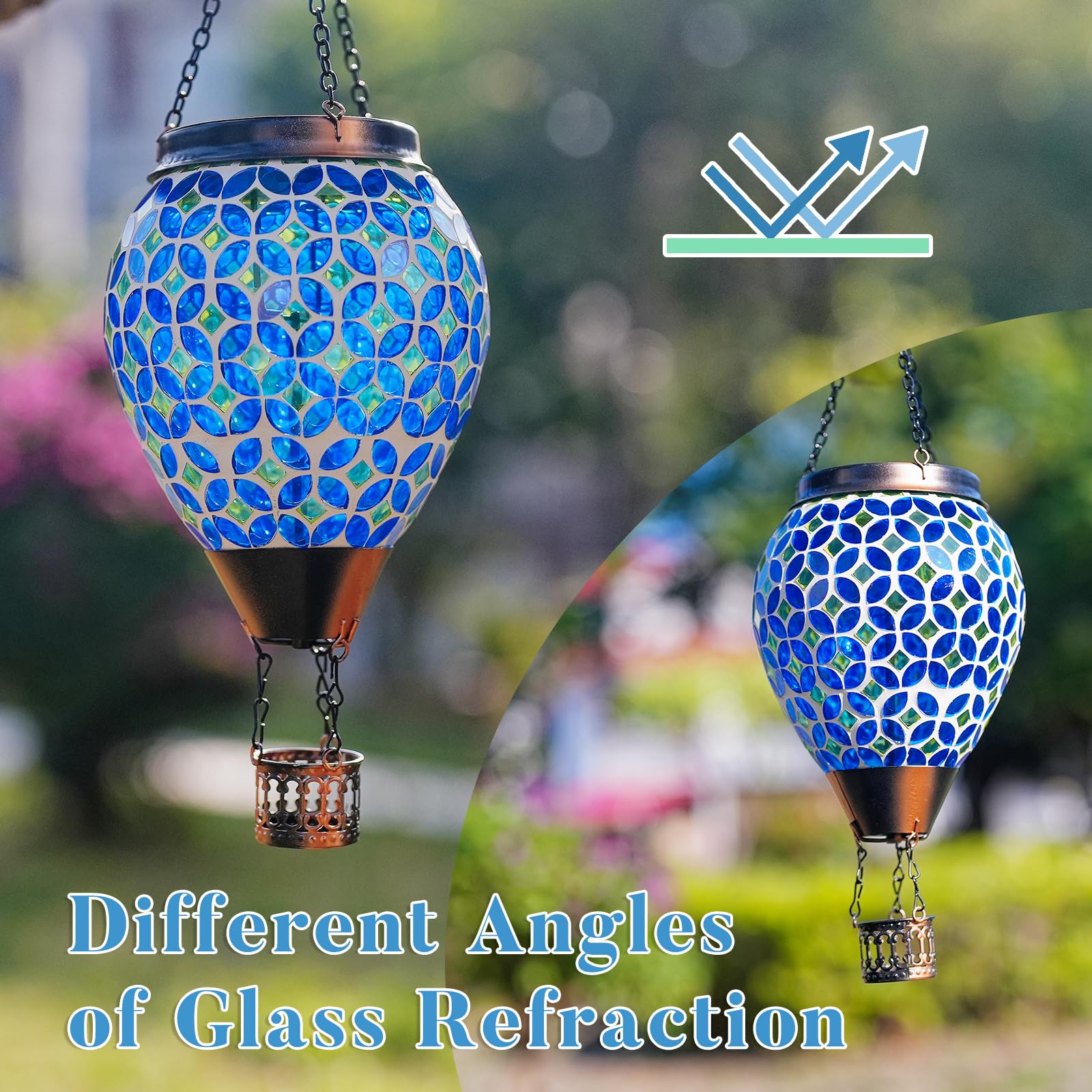 DREAMSKIP Mosaic Hot Air Balloon Solar Lantern, Waterproof Glass, Blue, Model 49120505, Flickering Flame, Outdoor Garden Gift