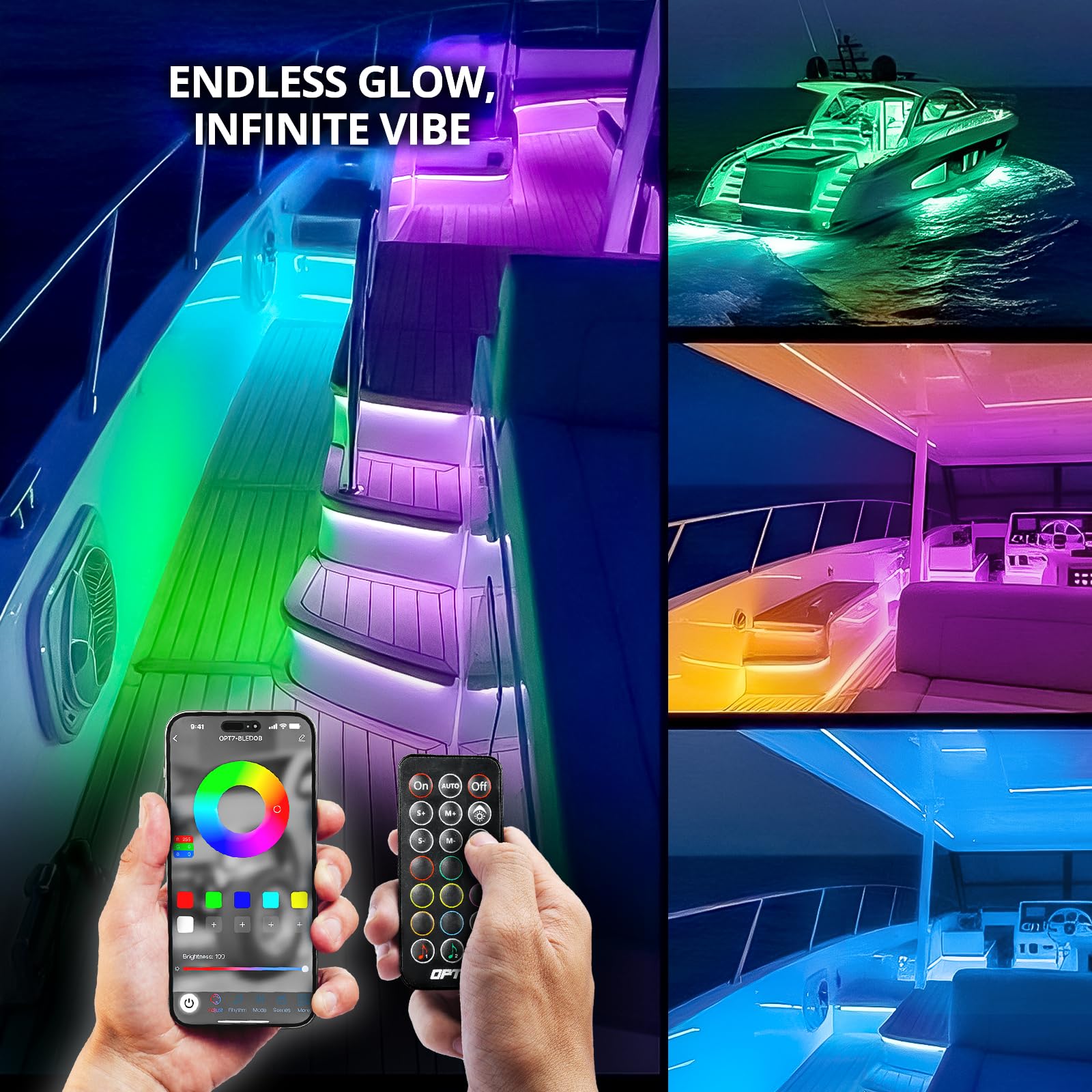 OPT7 Aura DreamColor Marine LED Strips Light Kit, 4 PCS RGB-IC, 12V Waterproof, 48in Silicone for Boats, Model AURA-GLOW-BOAT-48
