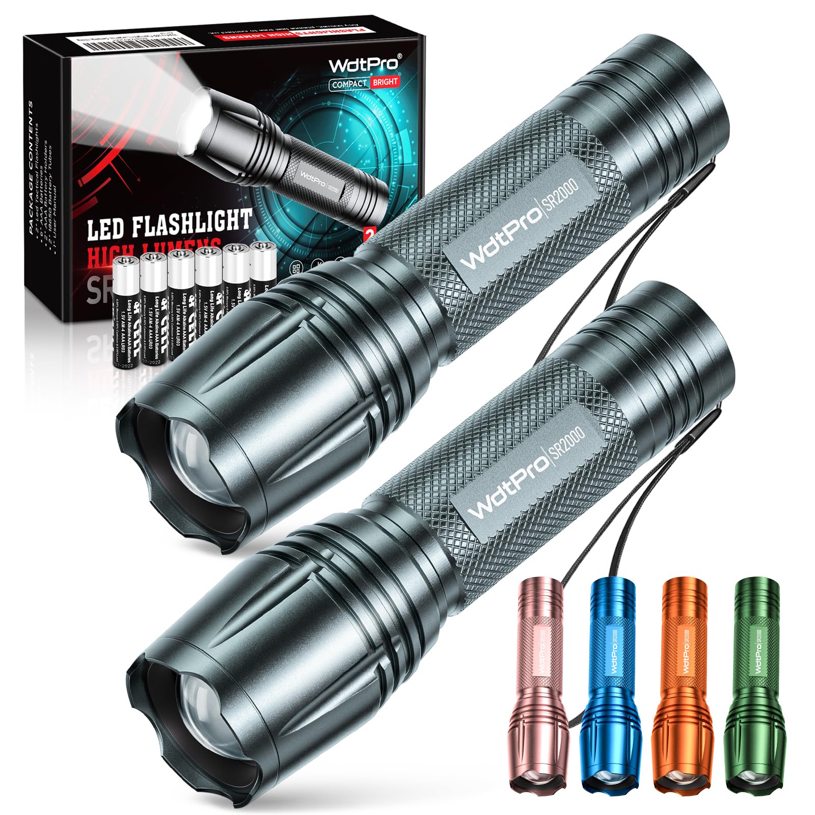 WdtPro LED Flashlight SR2000 Pro, 2 Pack High Lumens, 5 Modes & Zoomable, Gray