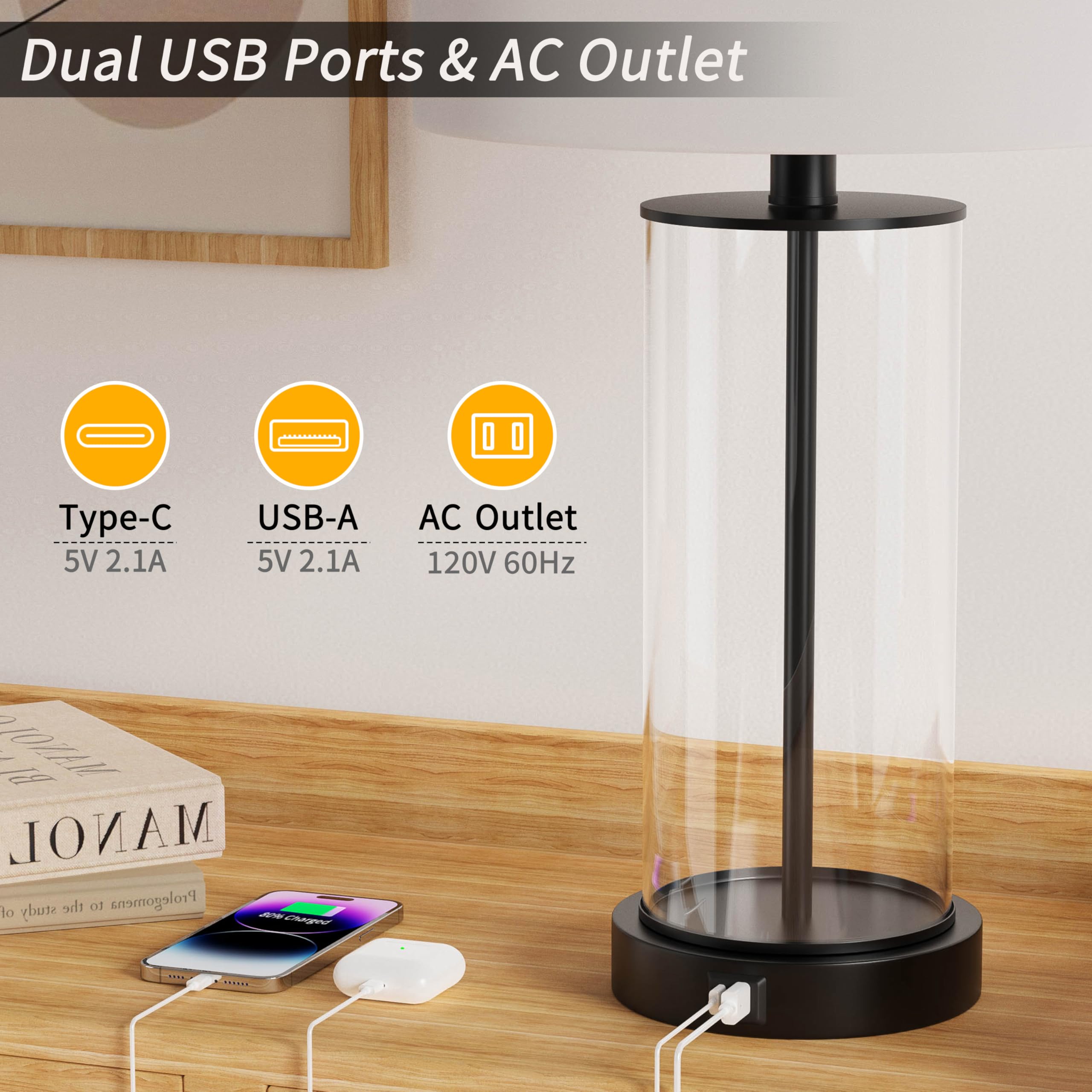 Kawotl 23'' Clear Glass Table Lamp Set Of 2 Bedroom Lamps With Usb Ports And Ac Outlet Living Room Nightstand Lamp Bulbs Include