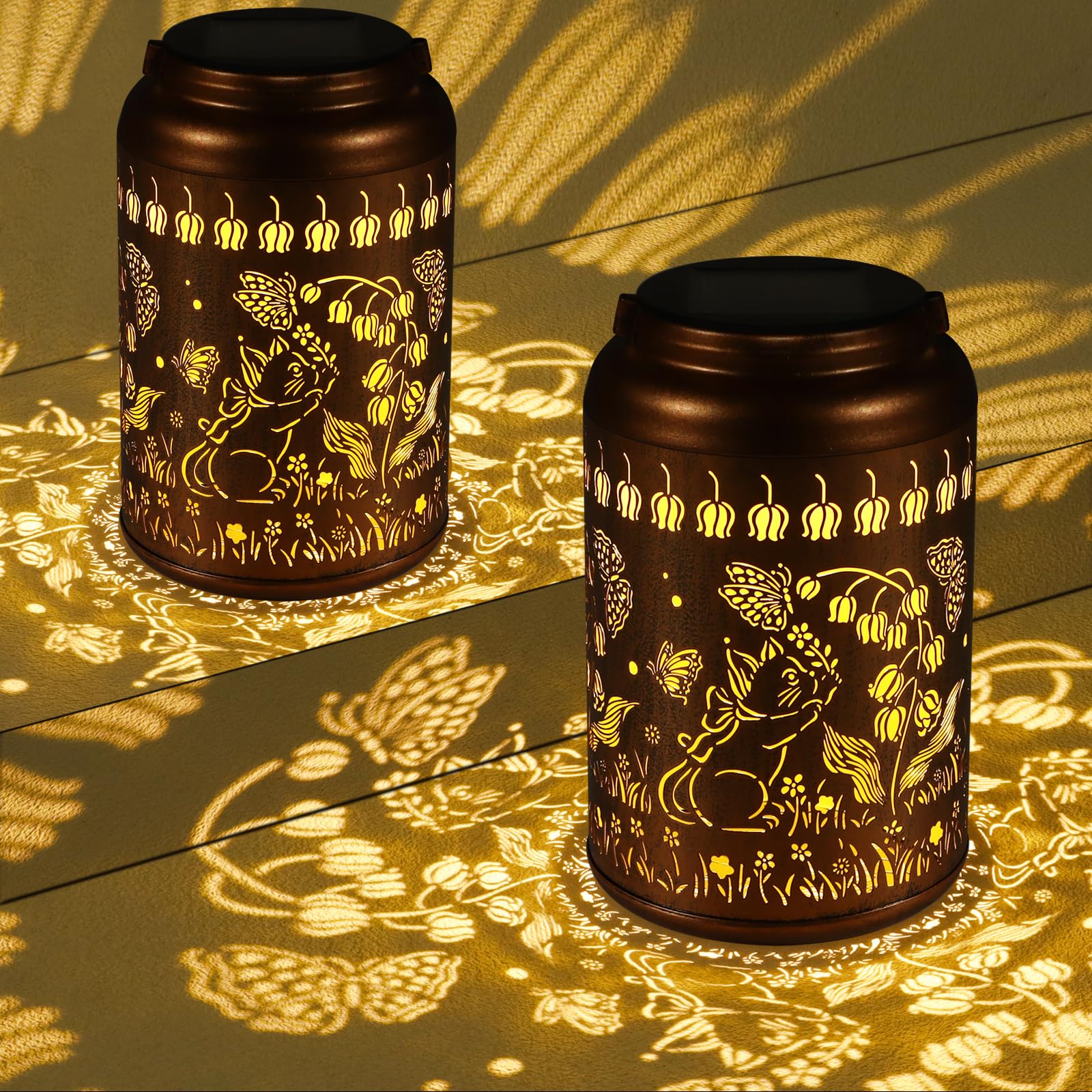 2 Pack Solar Lanterns Outdoor Waterproof  Cats Garden Decor Gifts For Women Mom Grandma Hanging Solar Lights Metal Decoration Outside For Yard  Patio  Lawn