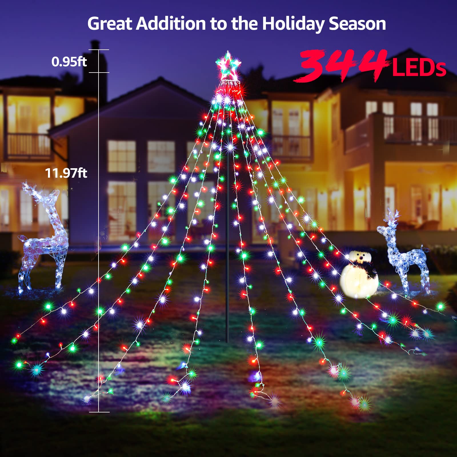 BlcTec Outdoor Christmas Star Lights, 344 LED, 9 Strands, 11.9ft, Waterproof, 8 Modes, Red Green White, Model JT-EL/FC300V