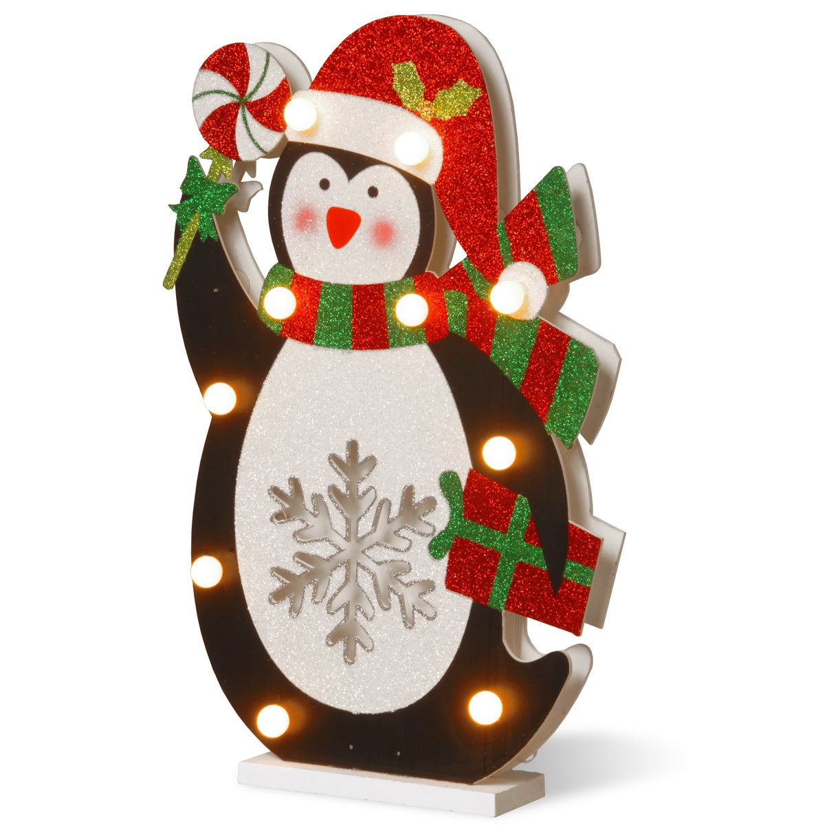 National Tree 17&quot; Double-Sided Penguin With Led Lights - Multicolor Wood Decor