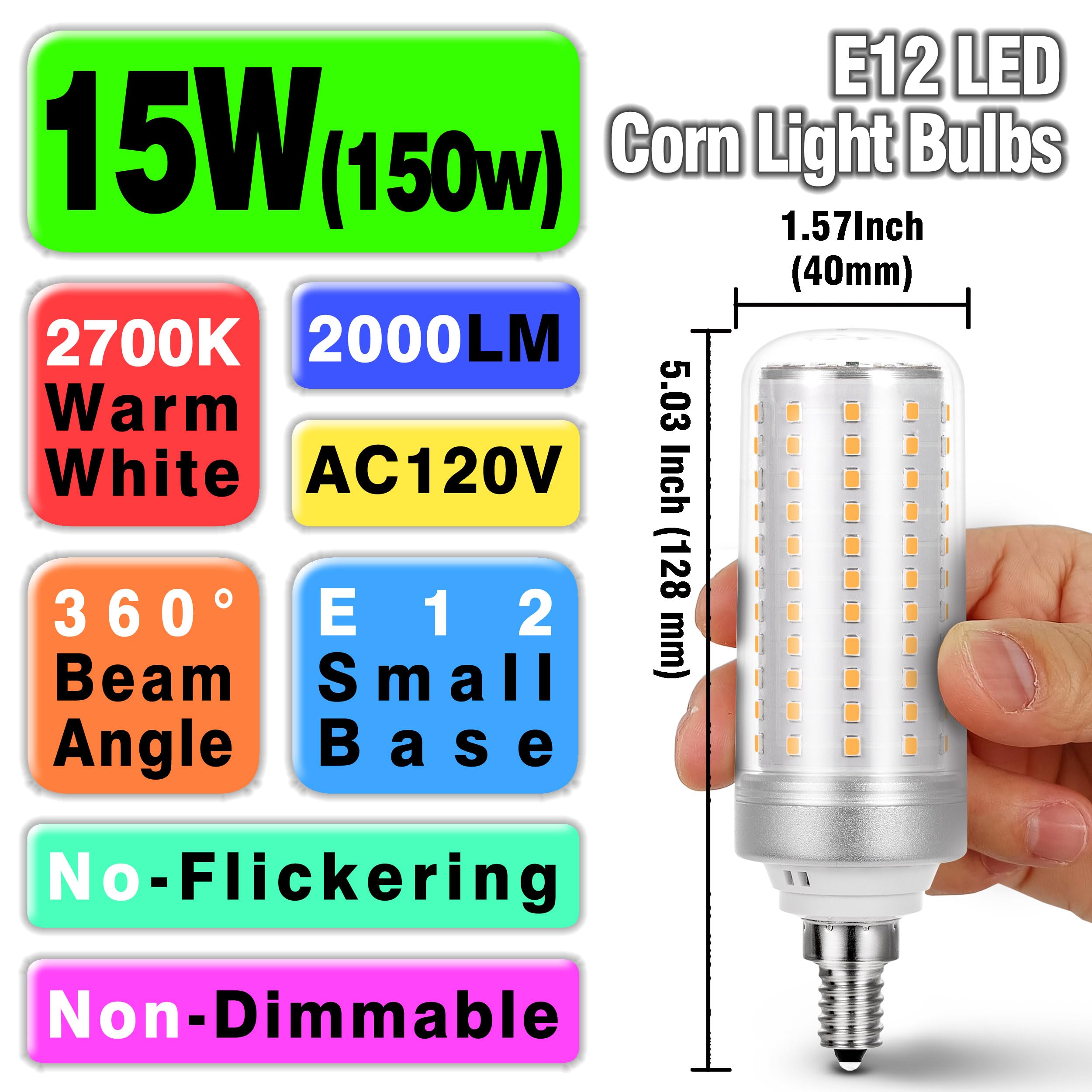 Big Size 1.57X 5.03 Inch  E12 150W Led Candelabra Bulbs C7 Replacement 2700K Warm White 2000 Lumen T6 E12 15W Led Chandelier Light Bulbs For Ceiling Fan Pendant Lighting Floor Lamp Non-Dimmable 4 Pack
