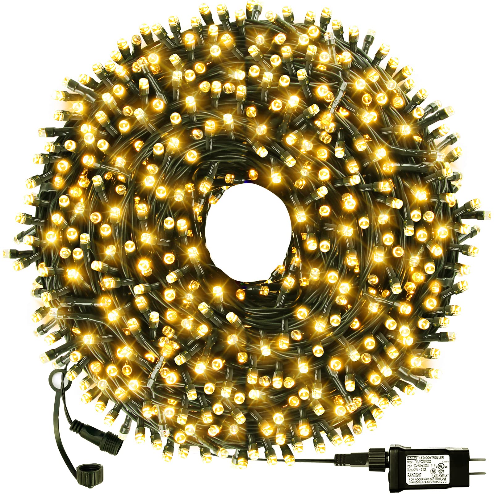 OUTYLTS Christmas String Lights 300 LED Warm White 108FT IP55 Waterproof Model QL300I for Indoor/Outdoor Decoration
