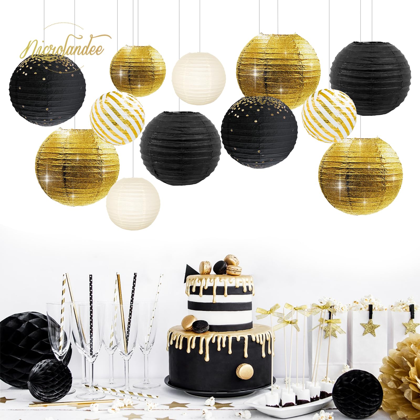 Nicrolandee 12Pcs Black Gold Foil Paper Lanterns For Weddings, Birthdays, And Parties