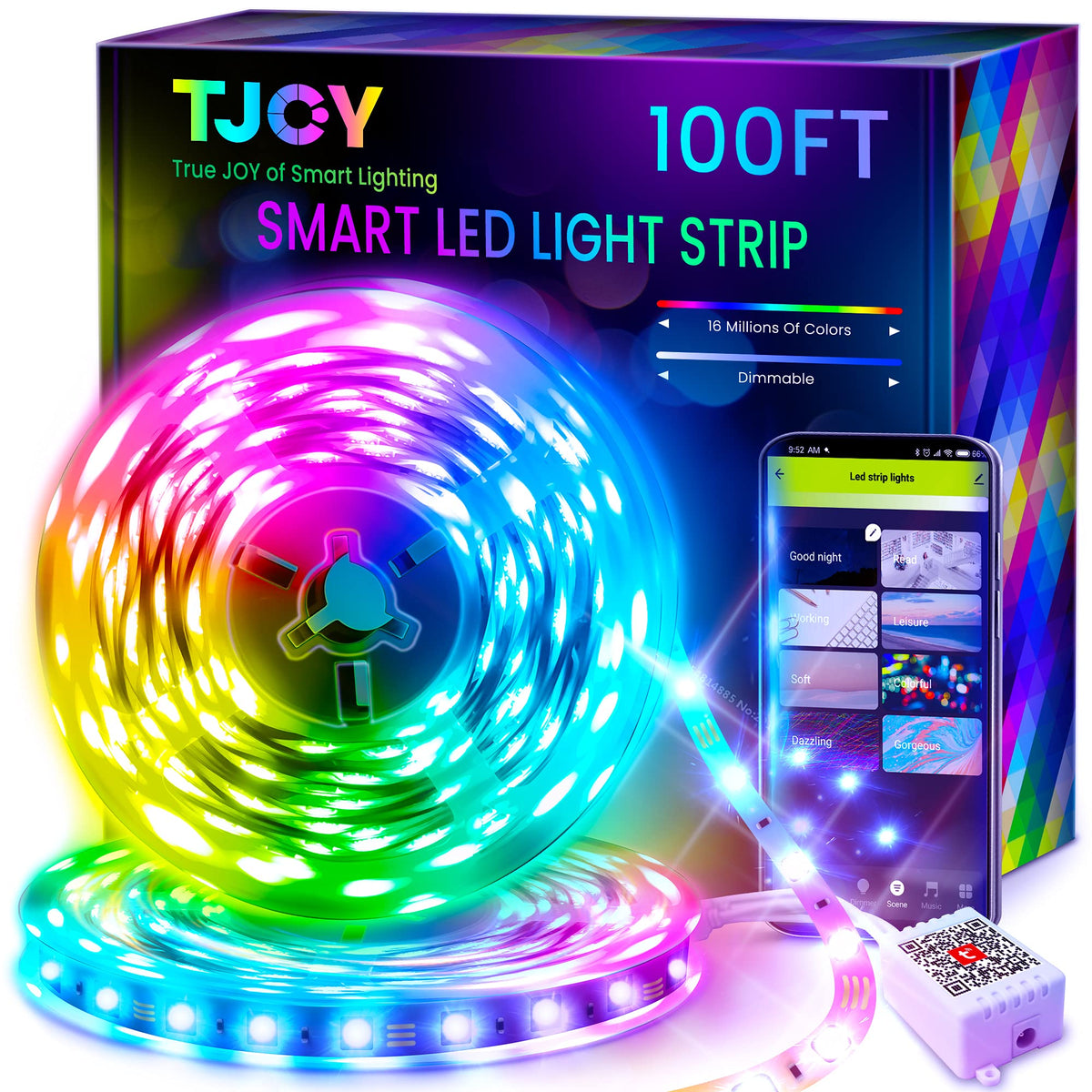 Tjoy 100Ft Smart Led Strip Lights For Bedroom, Alexa Led Light Strip,5050 Rgb Color Changing Music Sync Led Lights Strip With Ap
