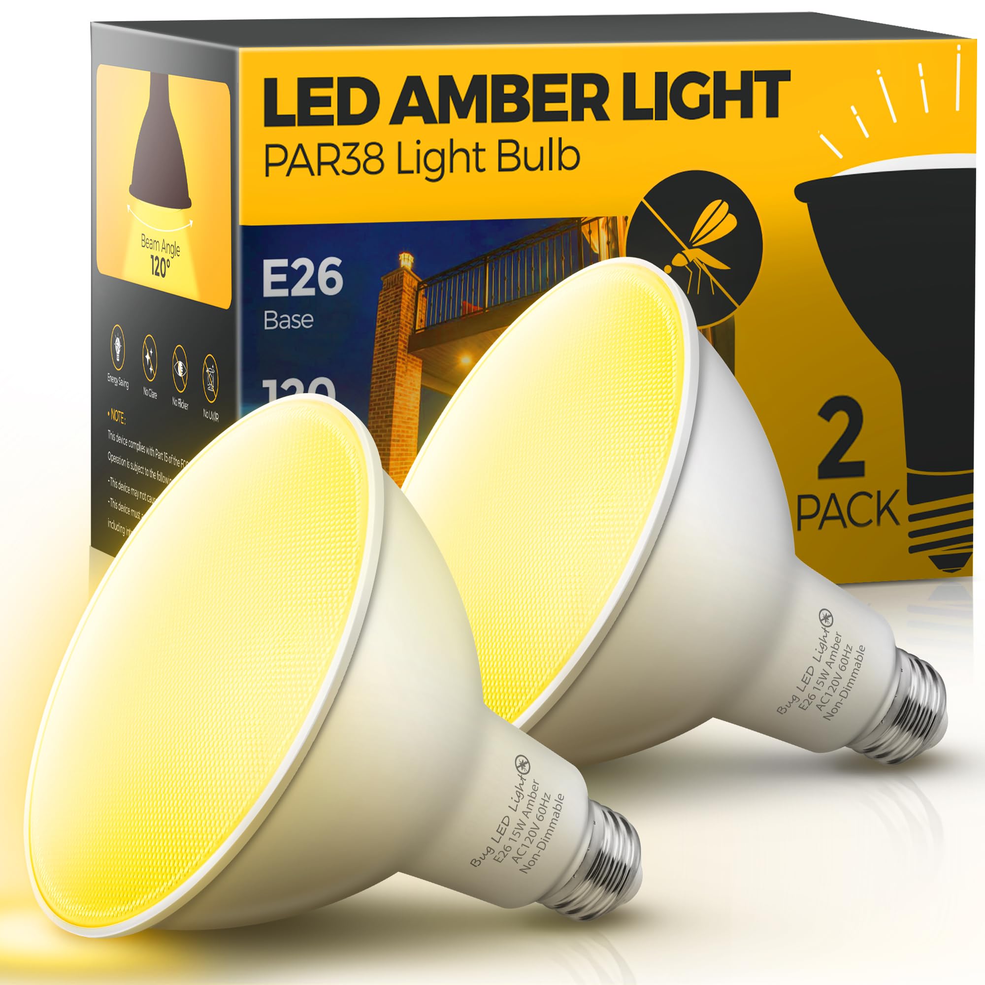 L LOHAS LED PAR38 Bug Light Bulbs, 15W 1300LM Dimmable Amber, 2000K, 2 Count, E26 Base for Patio and Outdoor Use