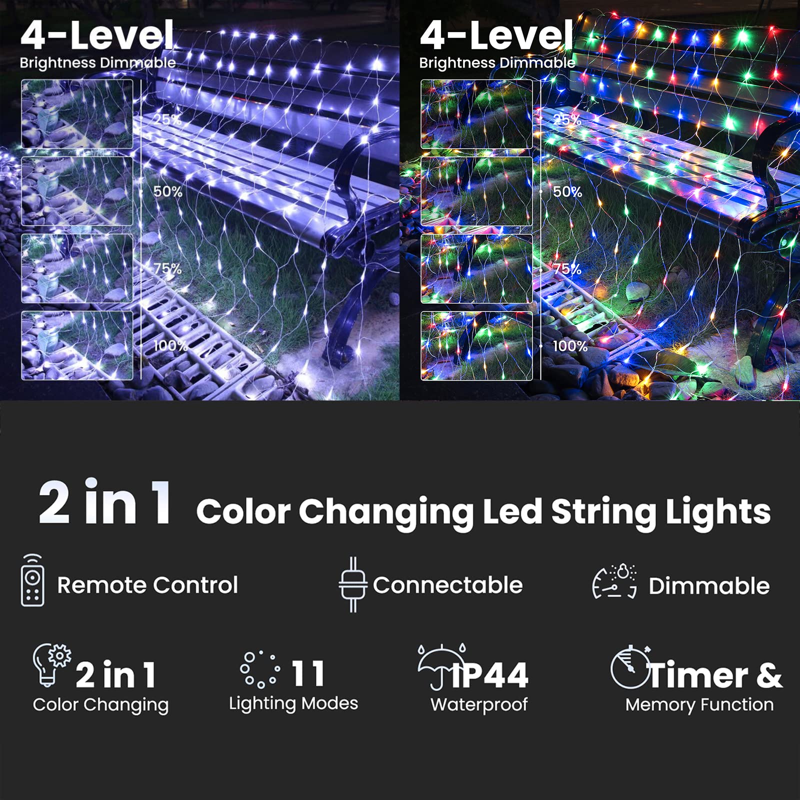 12.5Ft X 5Ft Color Changing Christmas Net Lights, 390 Led Bush Mesh Lights With Remote, 11 Modes Color Changing White & Multicol