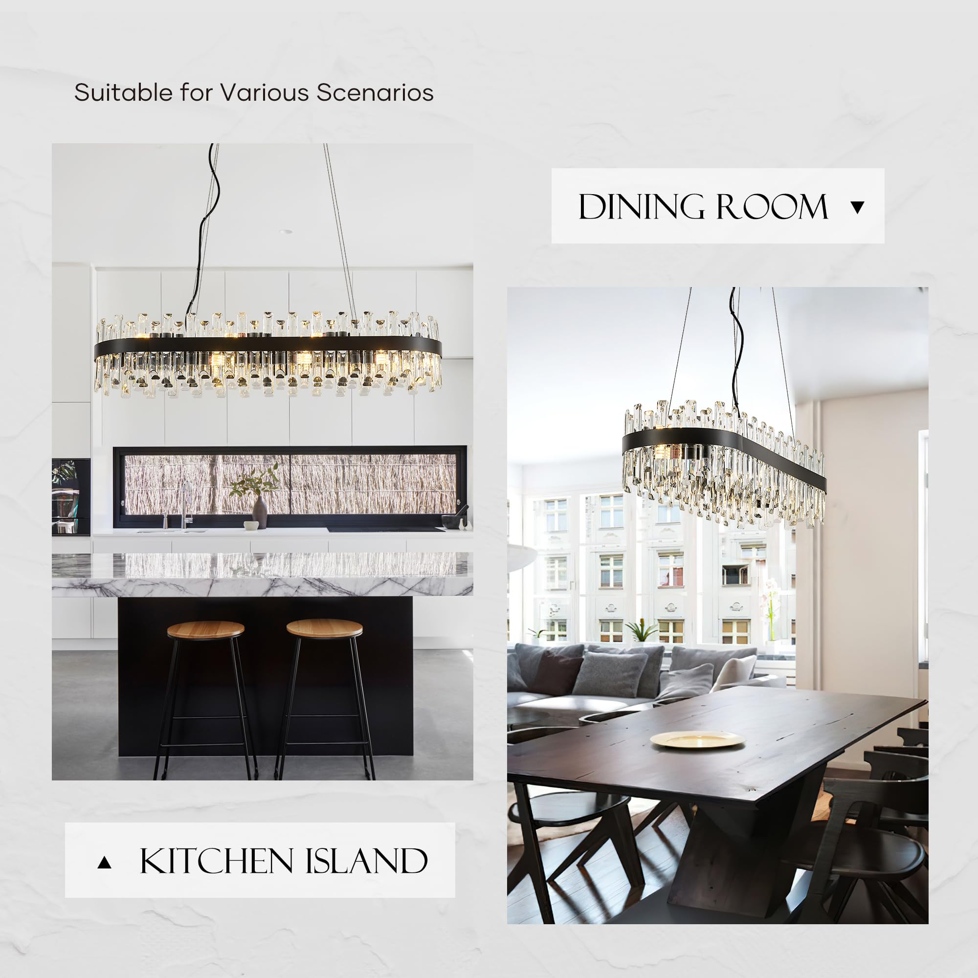 Lighceac 39 Modern Black Rectangle Crystal Chandelier Light Fixtures For Kitchen Island stylish Linear Crystal Chandeliers For Dining Room 16-Light Long Hanging Pendant Lighting For Entryway Foyer Bar