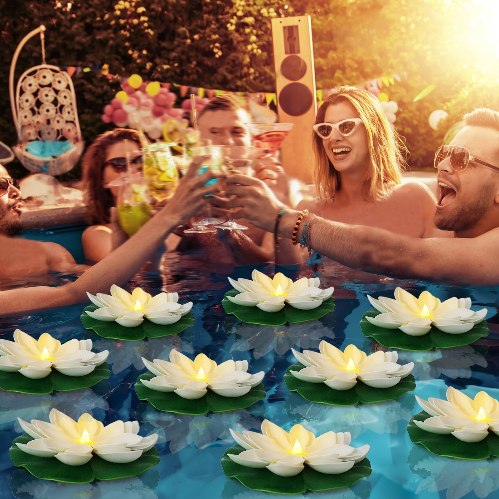 LACGO 12 PCS Waterproof Floating Lotus Light - Battery Operated Warm White Flower Lamp for Pool, Wedding, Garden Decoration
