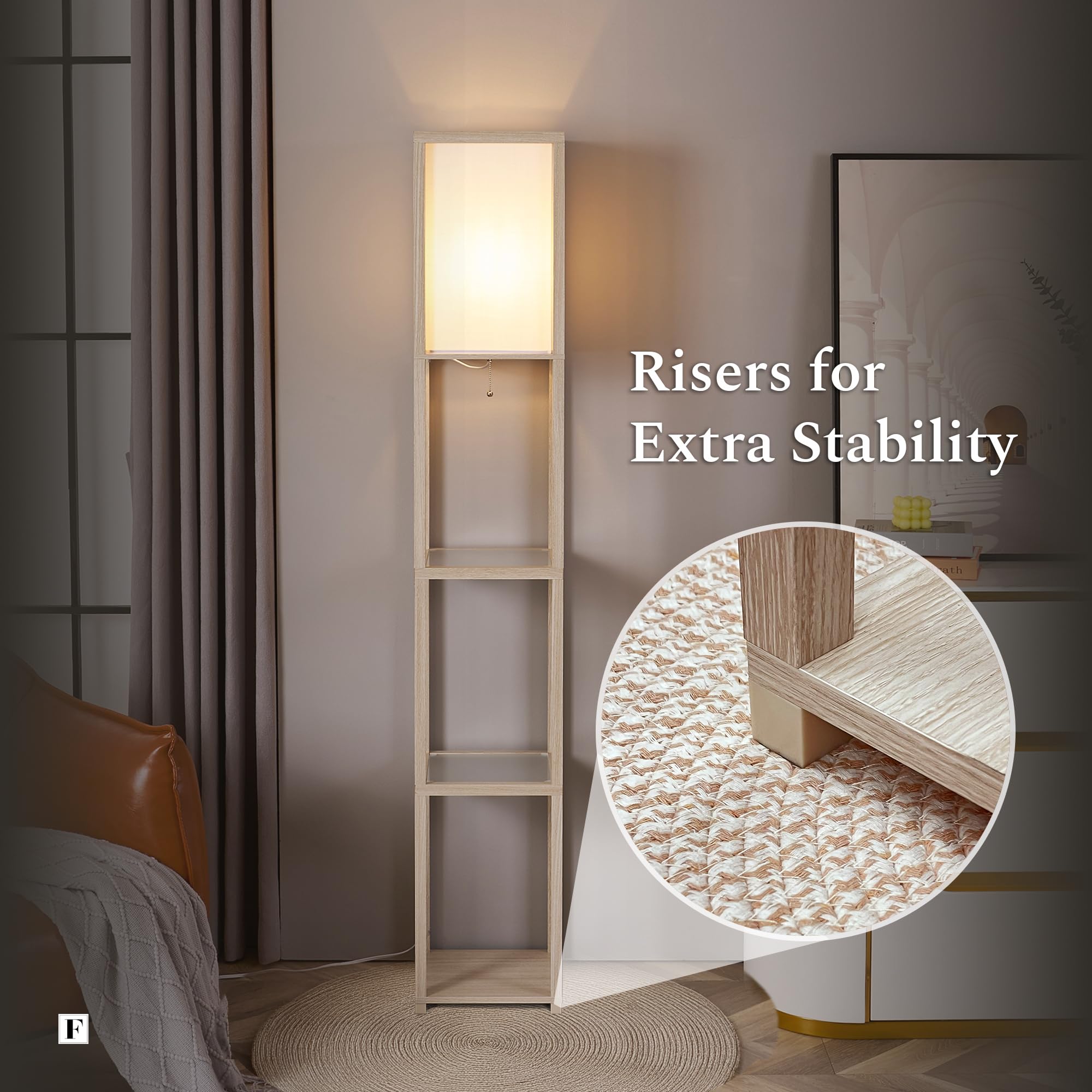 Fenlo Floor Lamp With Shelves - Tall Standing Lamp With Tempered Glass Tiers - Modern Minimalist Floor Lamp For Bedroom, Living