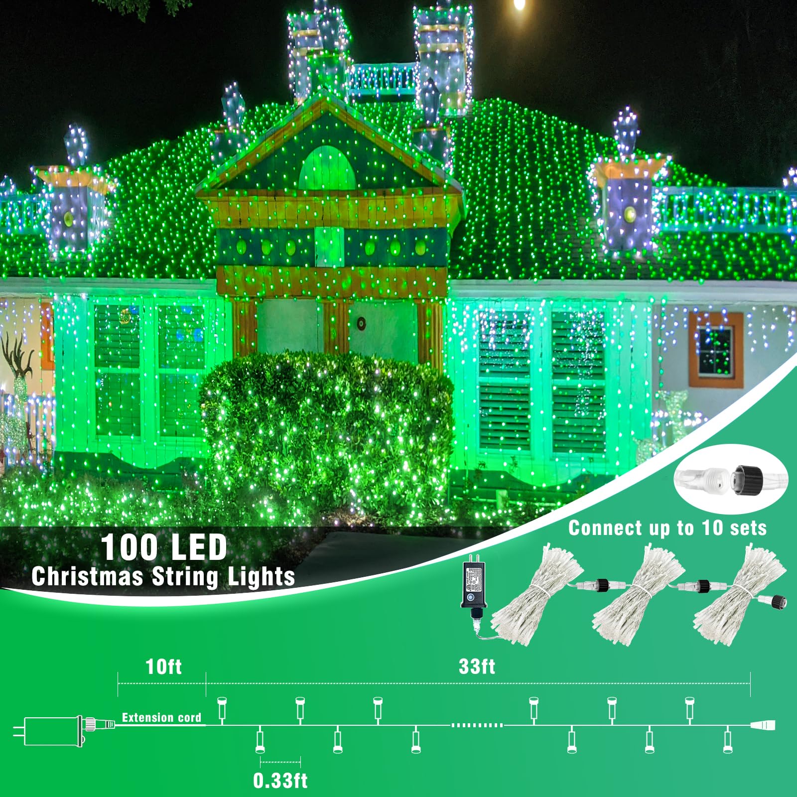 33Ft 100 Led String Lights Indoor - Christmas Lights Outdoor 8 Modes Clear Wire Waterproof Plug In Twinkle Fairy Lights For Chri