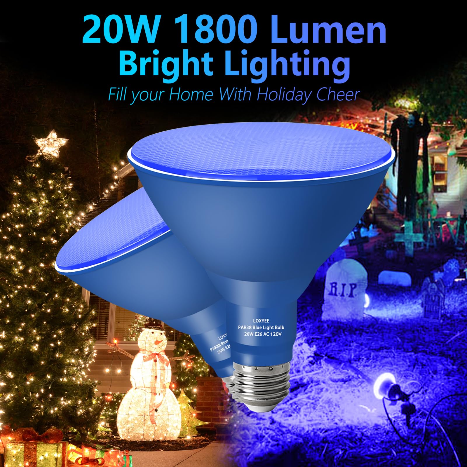 LOXYEE PAR38 Blue Flood Light Bulbs, 4 Pack, Dimmable, E26 Base, Outdoor Lighting, Halloween & Christmas, 20W Equivalent to 200W