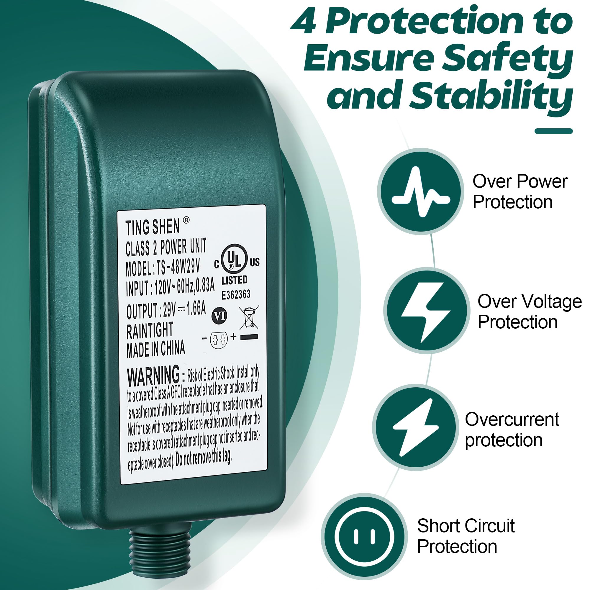 Enhon 29V LED Power Supply, UL Certified Class 2 Transformer, Green, Model TS-48W29V, Low Voltage US Plug Adapter for Lights