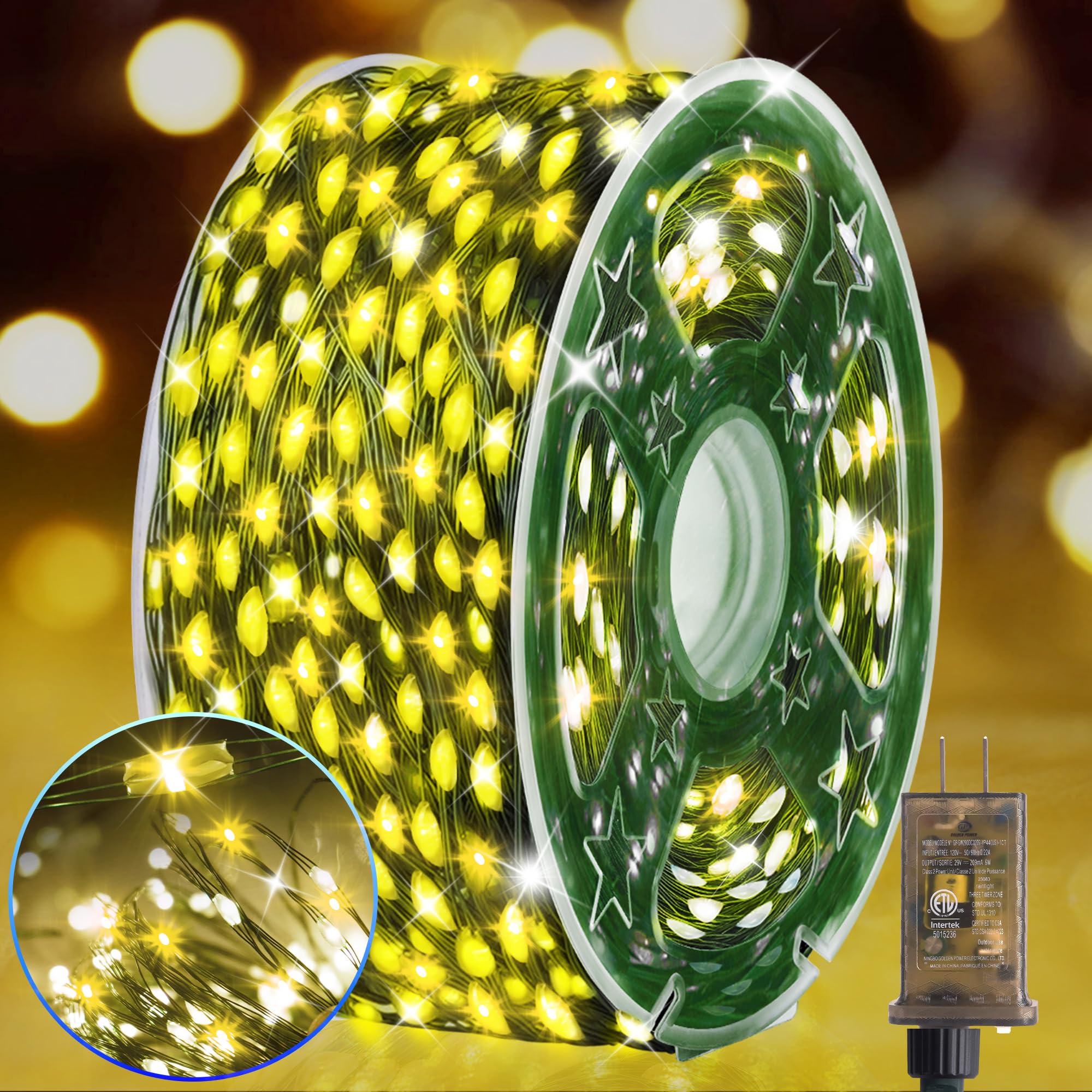 KNONEW 400FT LED Outdoor Fairy Lights, 1200 Waterproof Lights, Warm White, Green Wire, 8 Modes, Model KN-1000-LIG168-01