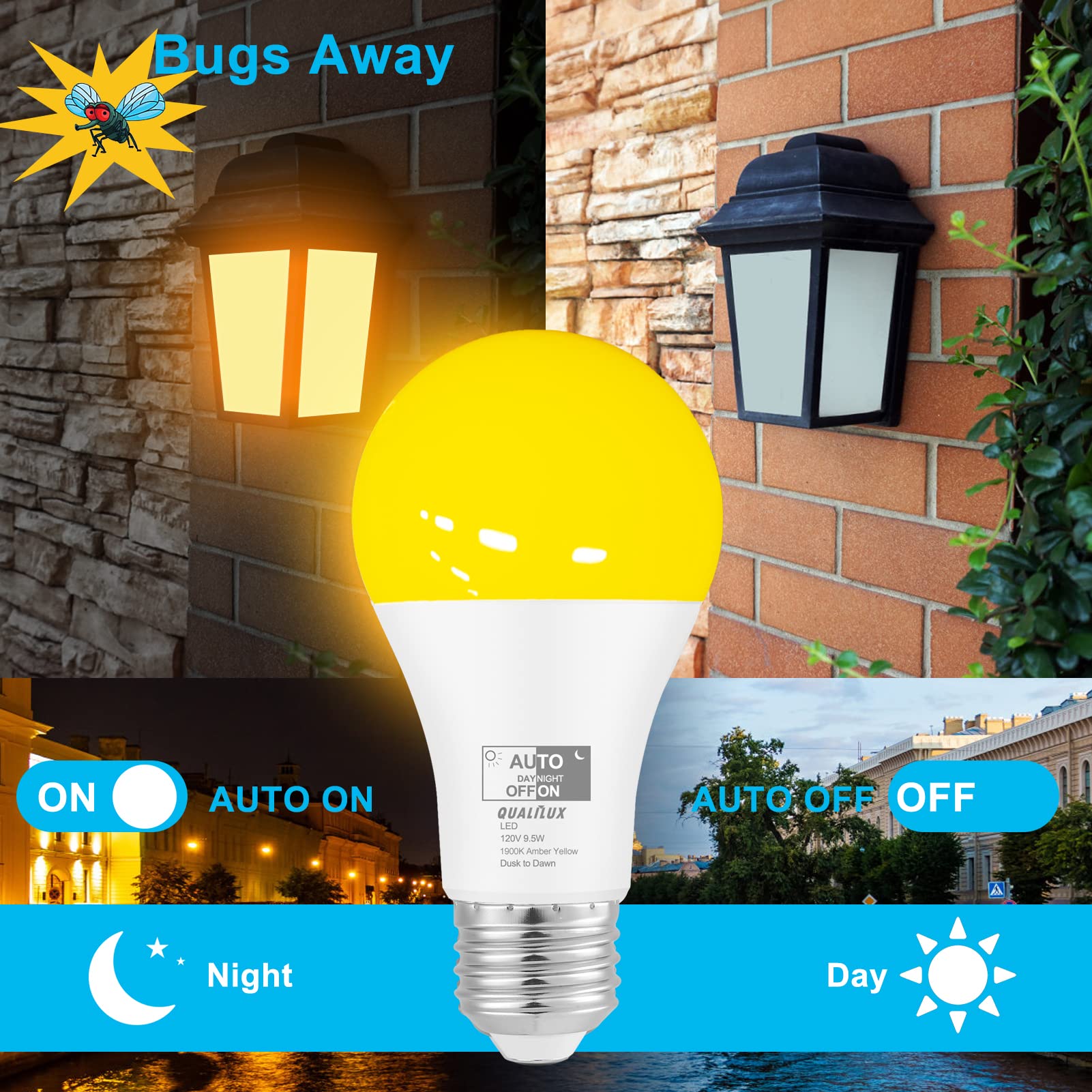 Qualilux Bug Light Bulbs, Dusk to Dawn, 1900K Amber Yellow, 600 Lumen, LED 9.5W, A19 E26, 2-Pack