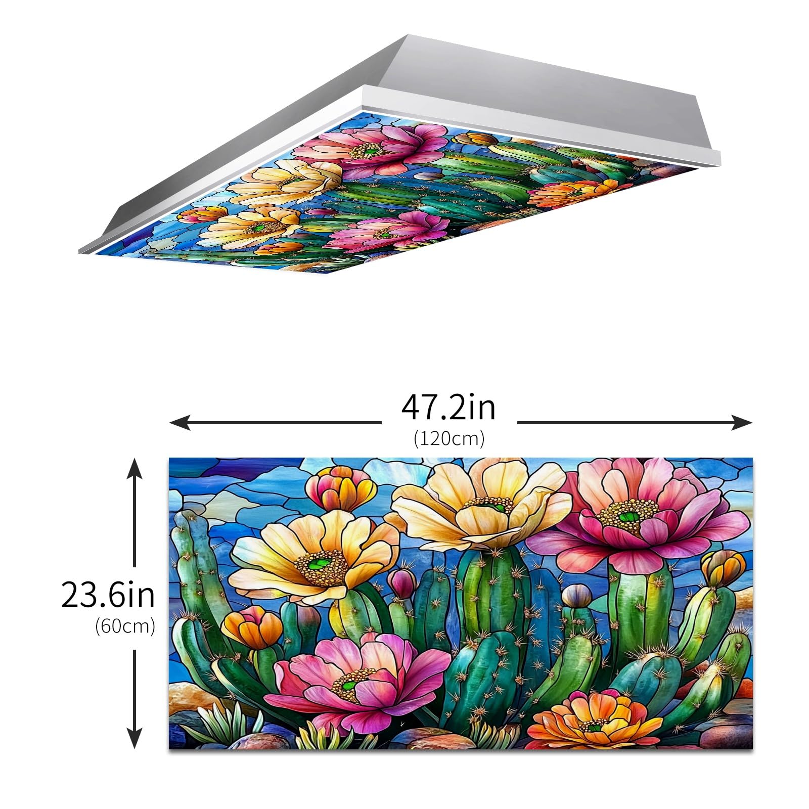 MSINMKOK Stained Glass Cactus Light Cover, 47.2'' x 23.6'', PET Material, Colorful Ceiling Decor for Home & Office