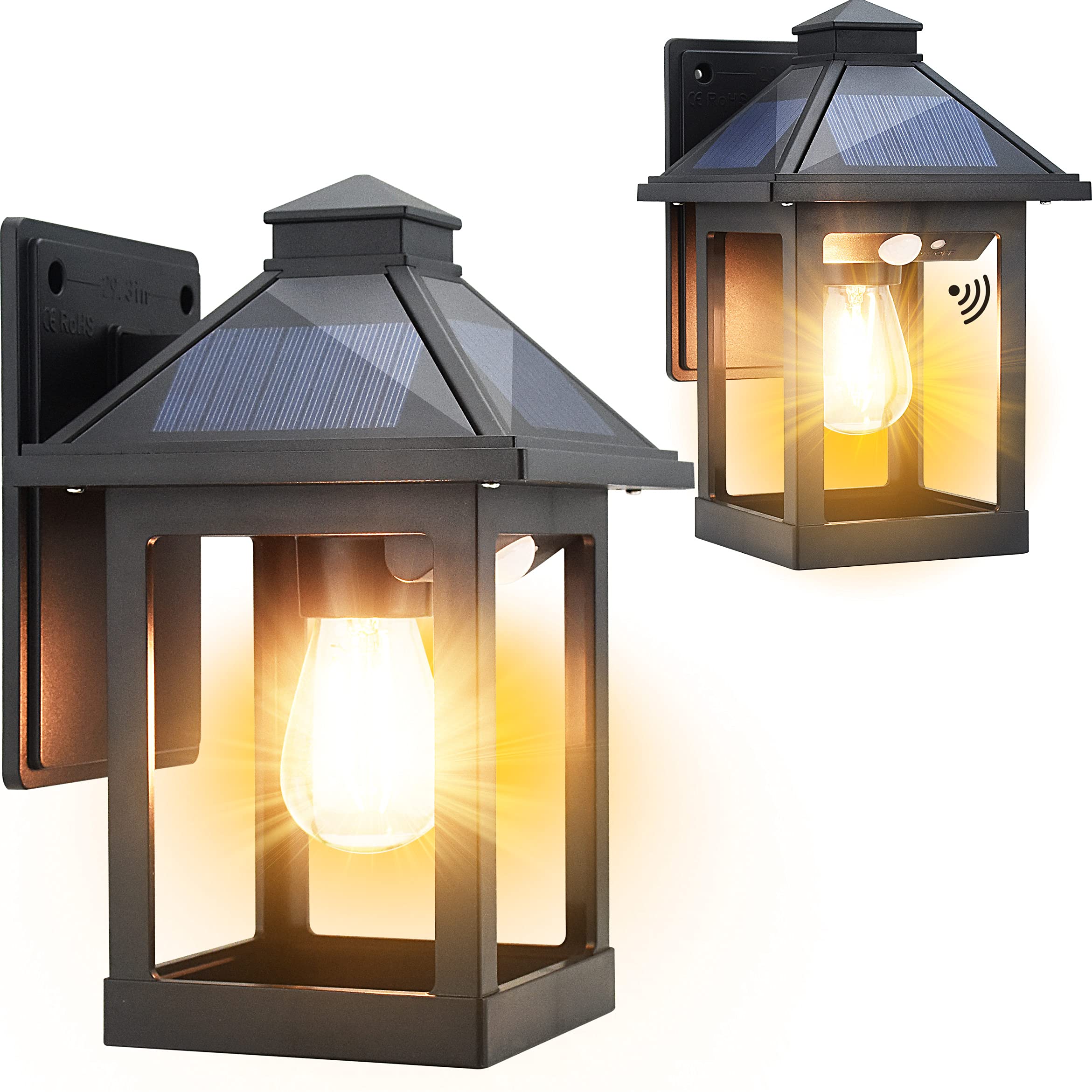 CYHKEE 2 Pack Solar Wall Lanterns Outdoor with 3 Modes, Dusk to Dawn Motion Sensor LED Sconce Lights IP65 Waterproof, Exterior F