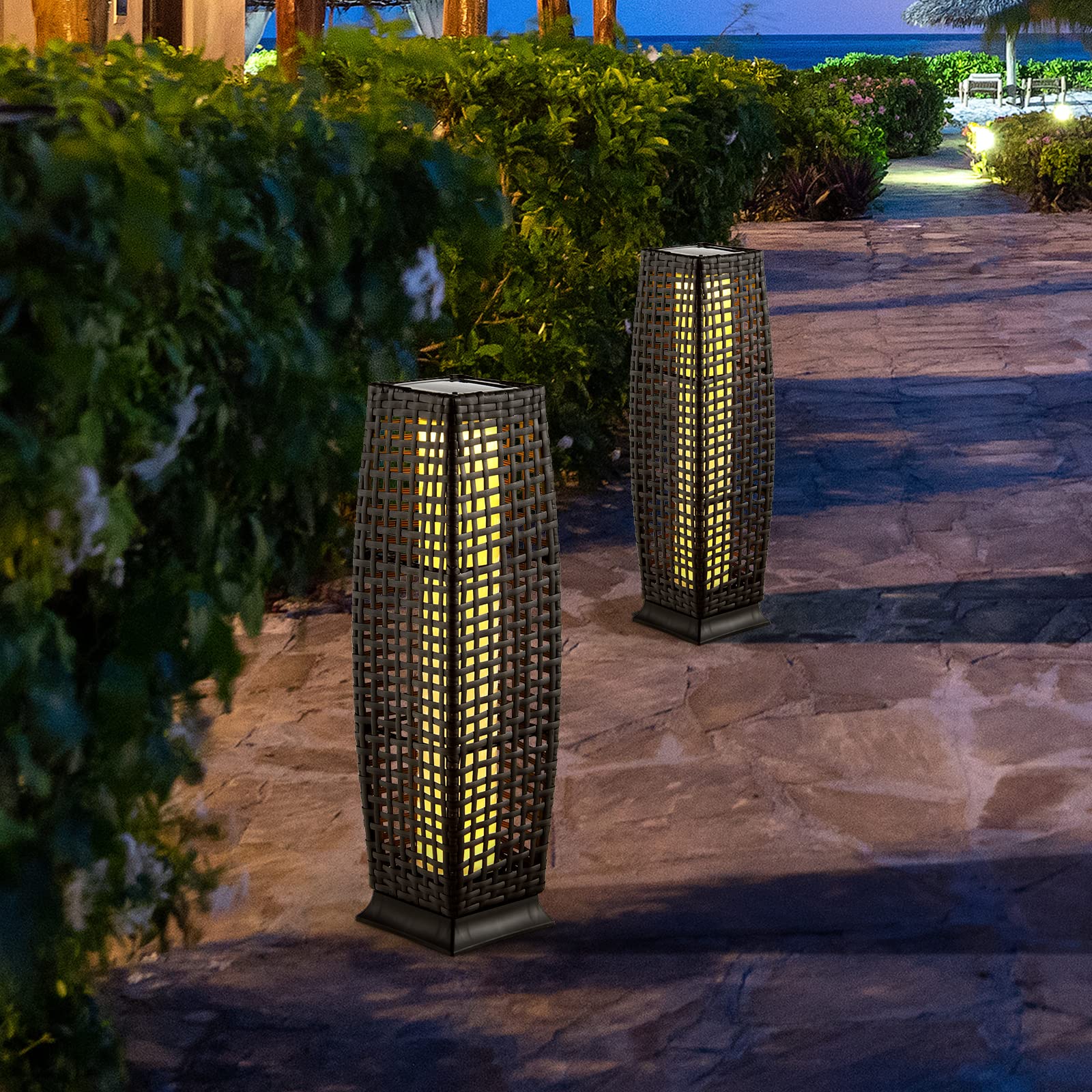 Tangkula 2-Piece Outdoor Solar Floor Lamps, IP65 Waterproof, 27” H, Black, Model TA-10519, Wicker Decorative Lanterns for Garden Patio