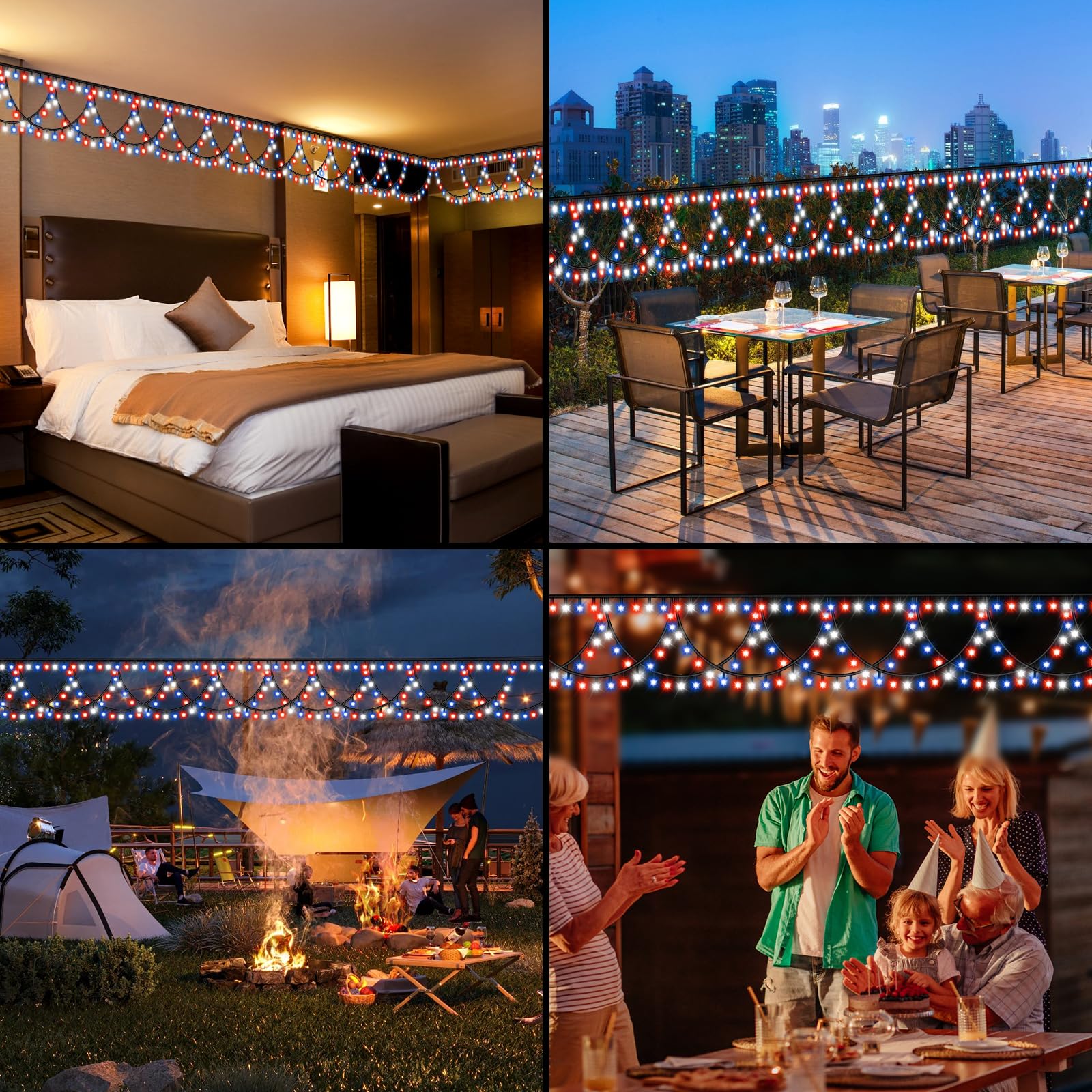 Kazoku 4Th Of July Outdoor String Lights 40Ft 380Led Waterpoof Red White Blue Semicircle String Lights 8 Lighting Modes Mermory