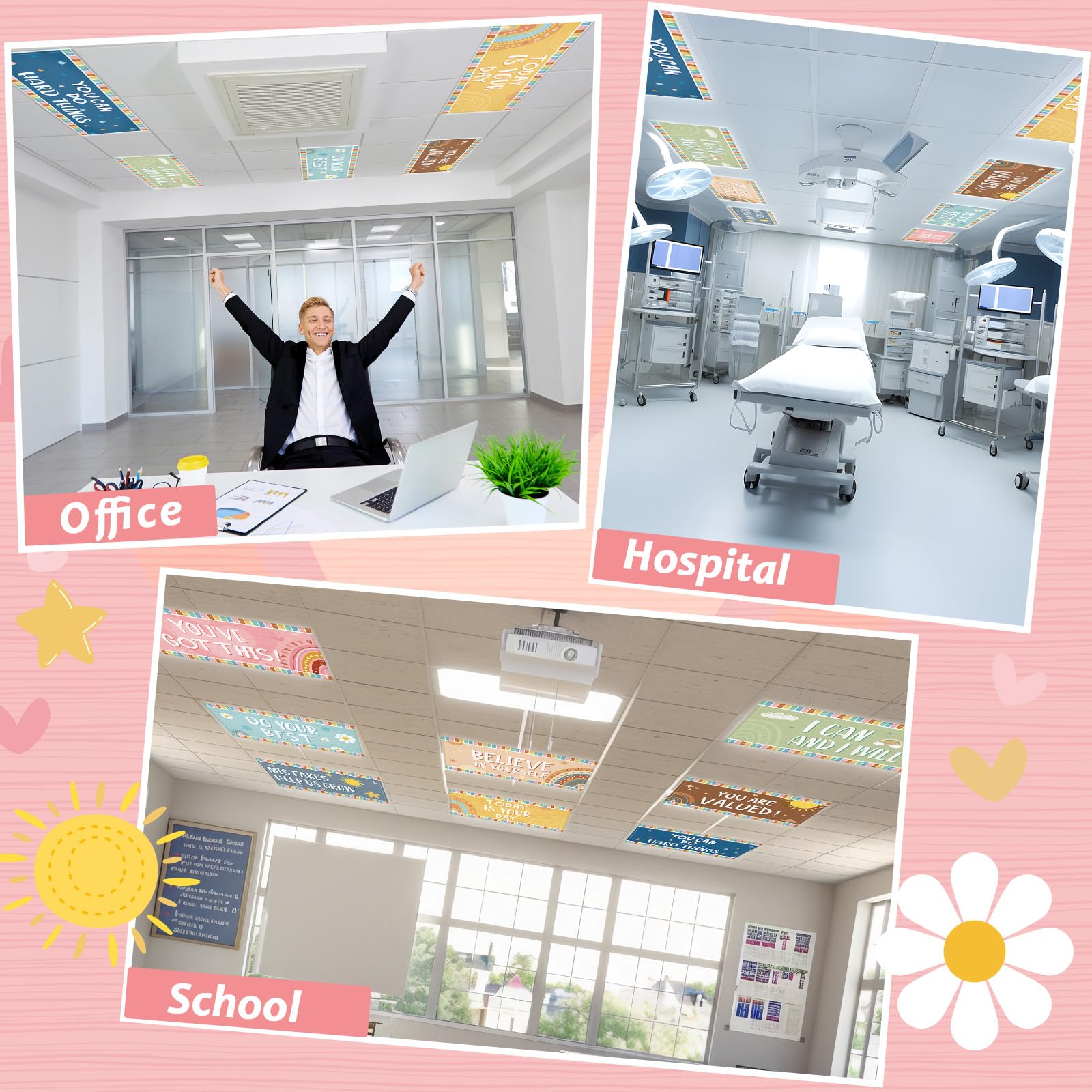 Wiooffen 8 Pcs Fluorescent Light Covers, 4x2 Ft, Colorful Boho, Magnetic Installation, Polyester for Classroom & Office Use