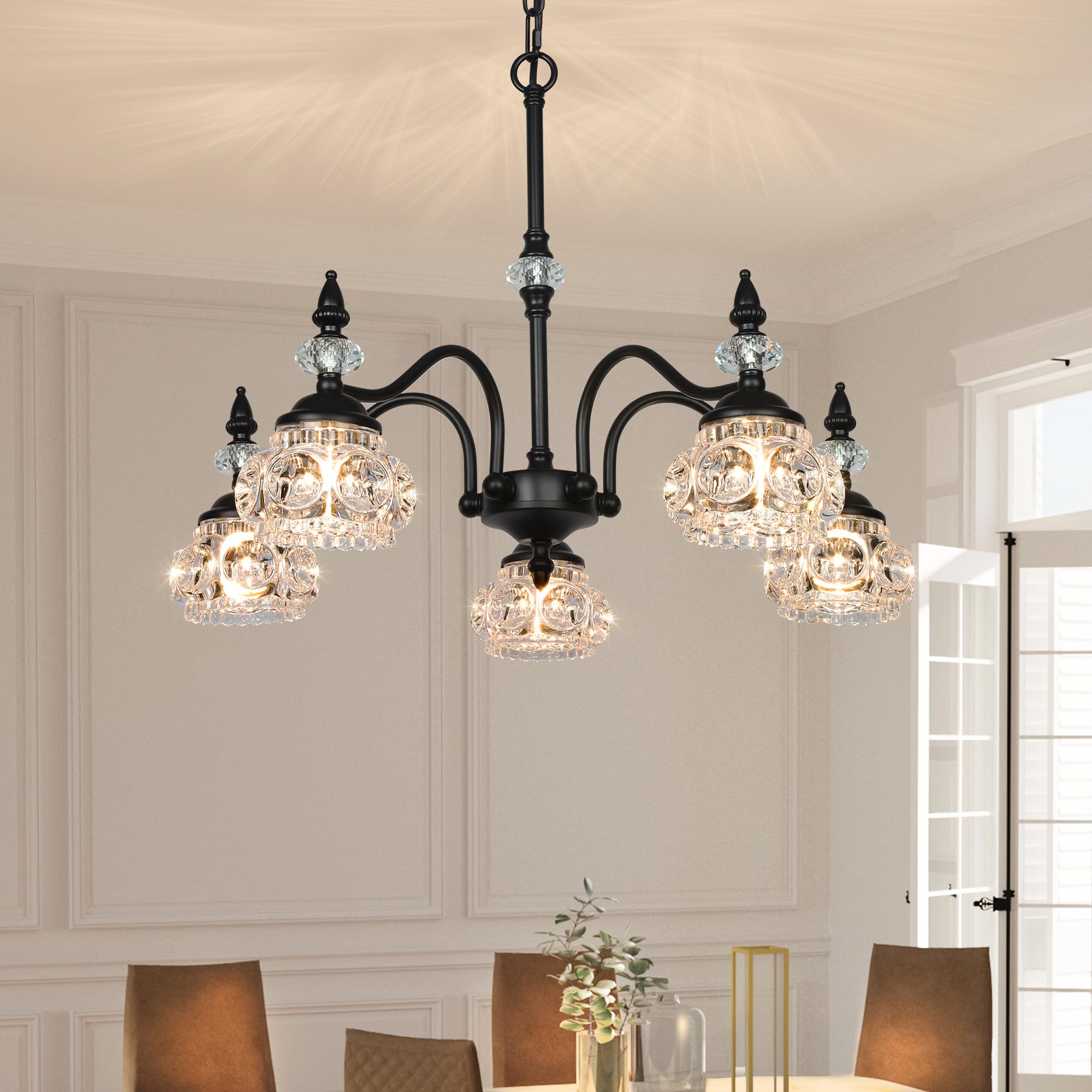 CNRATYE 5-Light Vintage Black Crystal Chandeliers for Dining Room, Antique Victorian Chandelier, Modern Farmhouse Hanging Light 