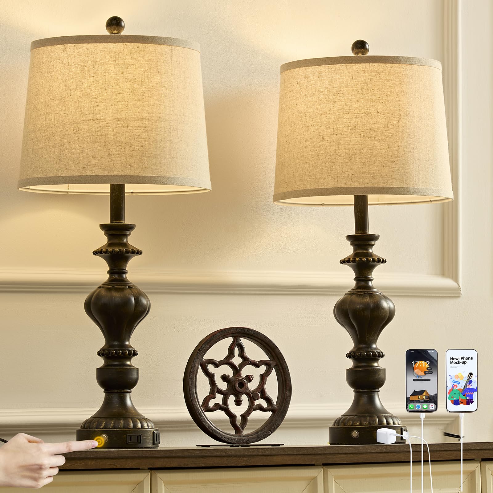 SAIWEYA 27.5in Farmhouse Table Lamps Set of 2, 3 Way Dimmable Touch, USB C+A Ports, AC Outlet, Black, Model TM-T03
