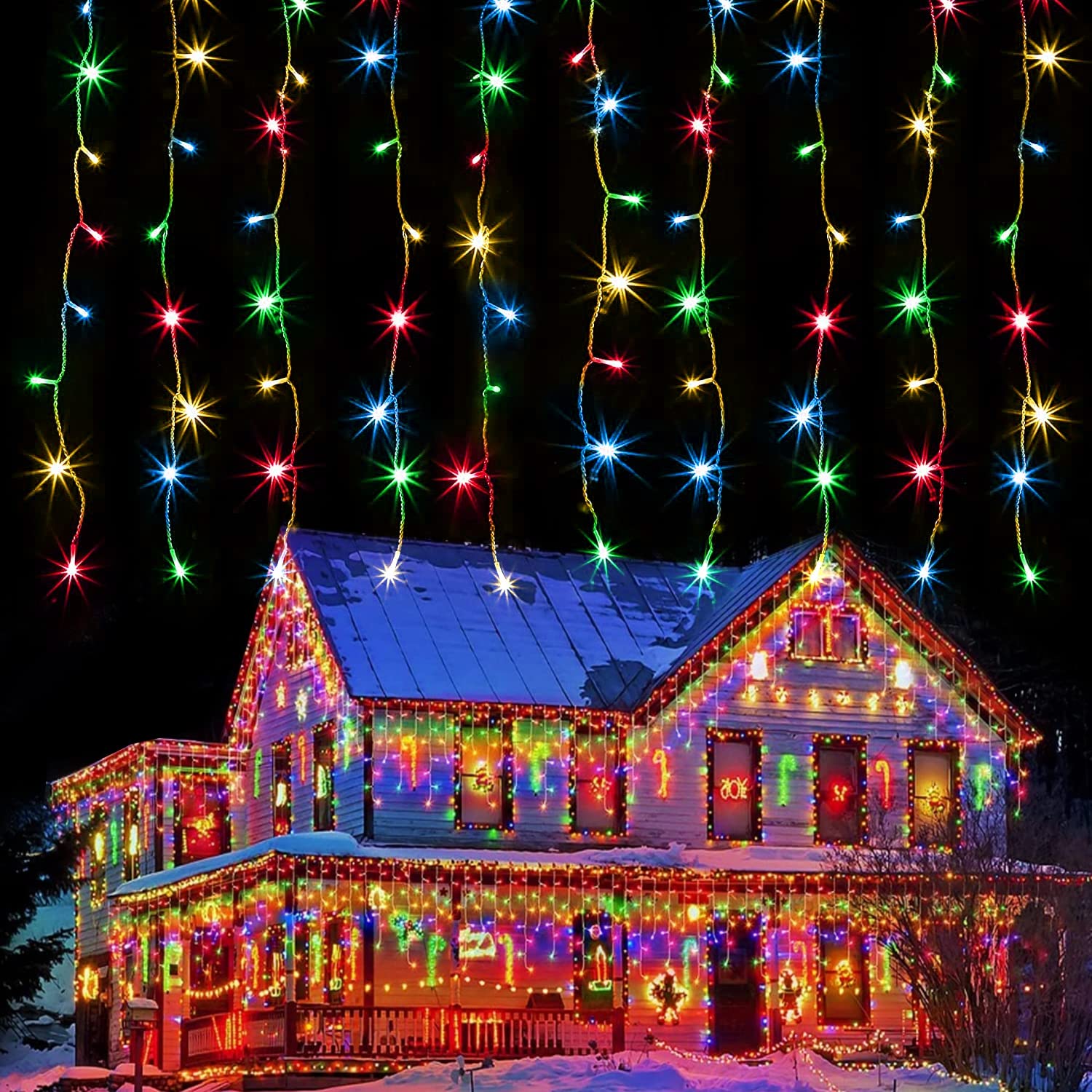 kemooie Outdoor Christmas Lights, 400 Led 26.2FT x3.3FT Hanging Curtain Lights, Connectable 8 Lighting Modes for Christmas Decor