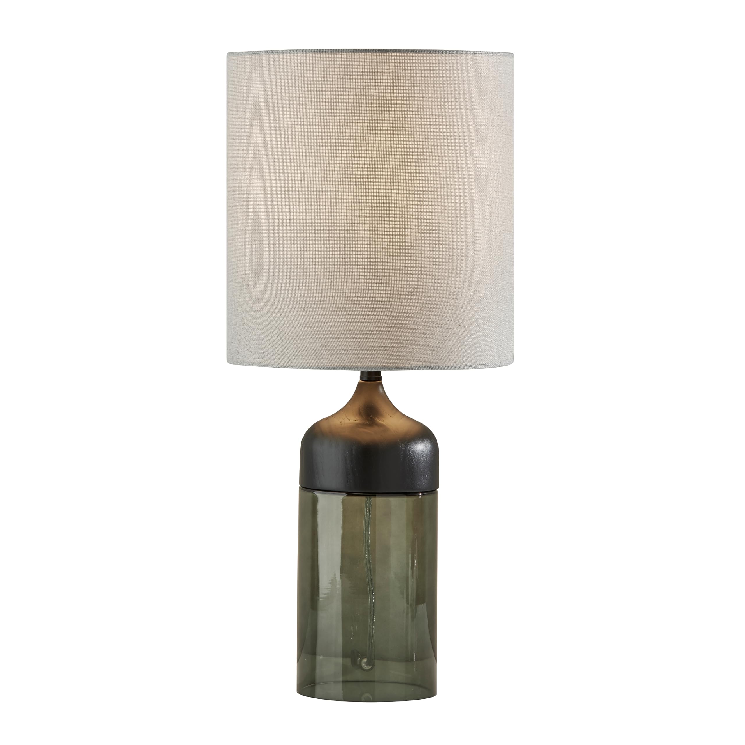 Adesso Table Lamp with Smoked Glass, Black Wood Base and Grey Fabric Lampshade - Bedside Table, Home Office Lighting or Living R