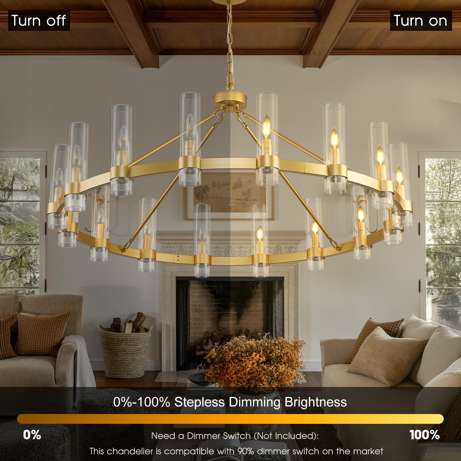 Gold Wagon Wheel Chandelier, 48 Inch Chandeliers With Glass Shade, 16 Light Chandelier For High Ceiling, Modern Farmhouse Chande