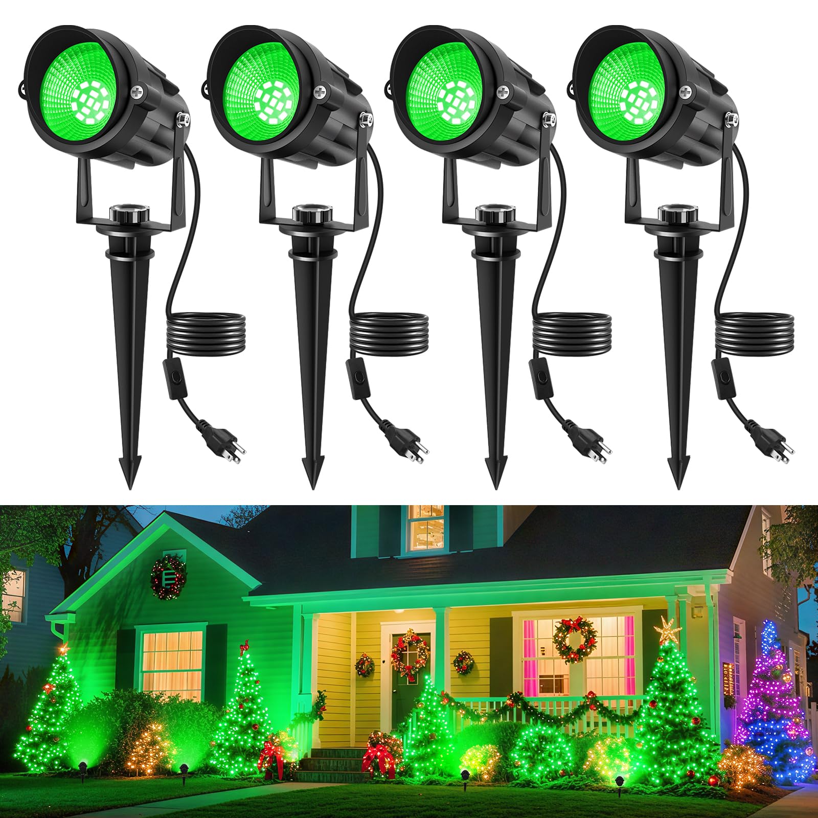 Crepow Christmas Green Landscape Lights Outdoor  14 Led Landscape Lighting With Us Plug  Ip65 Waterproof Spotlights For Tree Yard Garden Pathway St. Patrick S Day Halloween Decor 4 Pack