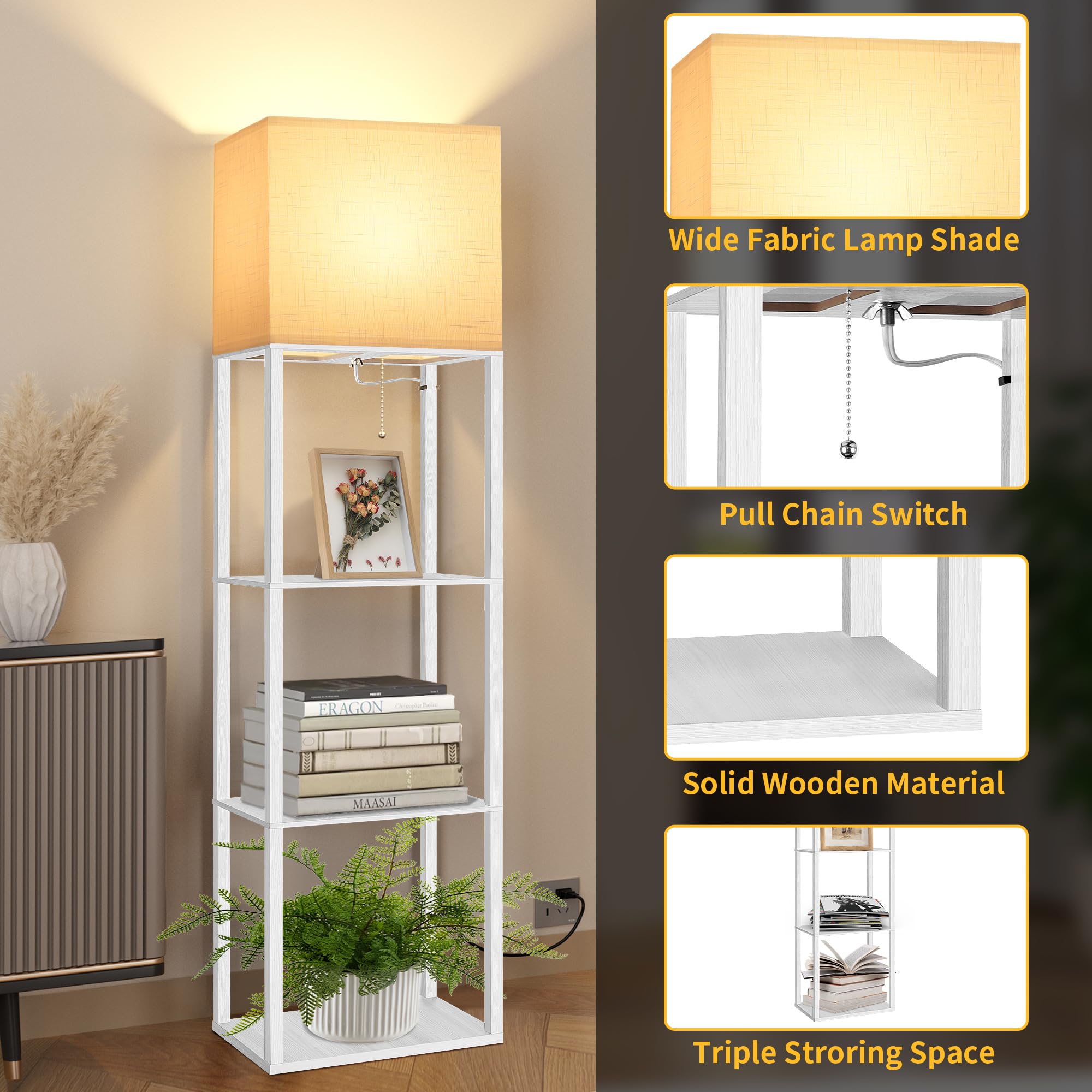 Dott Arts Floor Lamp with Shelves, 15.7in Wide, Wood, White, Model WLM1600-FLA-15W-12, 3 Color LED Bulb
