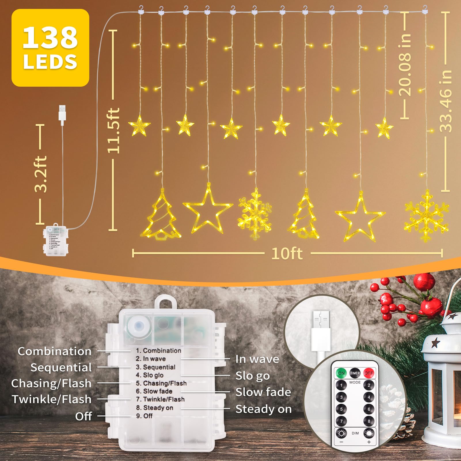 Kproe Christmas Window Lights Decorations, 138 Led Christmas Curtain Lights With 8 Lighting Modes, Christmas Tree Snowflake Star String Lights For Christmas, Weddings, Parties, Room Decor(Warm White)
