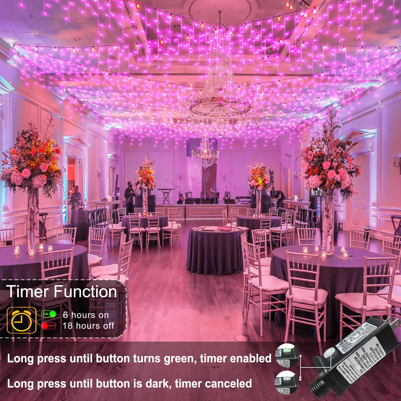 33Ft Pink Led Icicle String Lights Indoor For Bedroom, 400 Led Patio Lights For Outside Clear Wire Connectable Twinkle Lights Wi