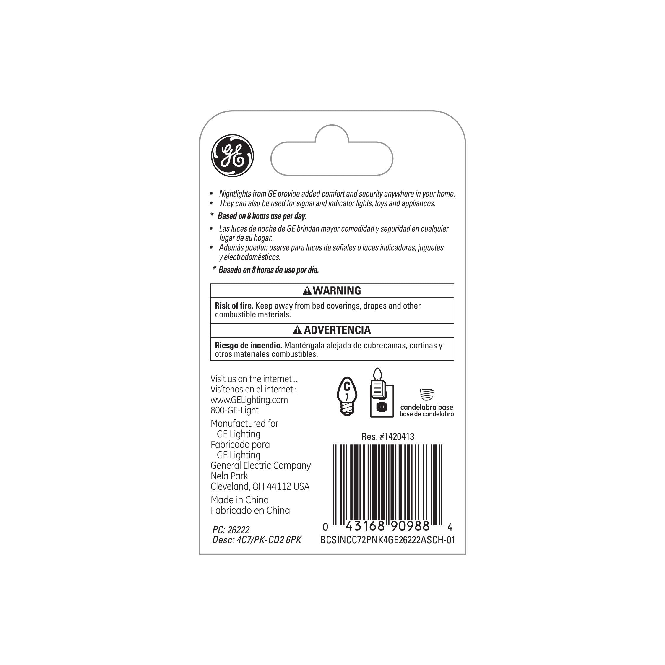 GE 4W C7 Night Light Bulb, 14 Lumen, Pink, 2-Pack, Aluminum Oxide, Model 26222
