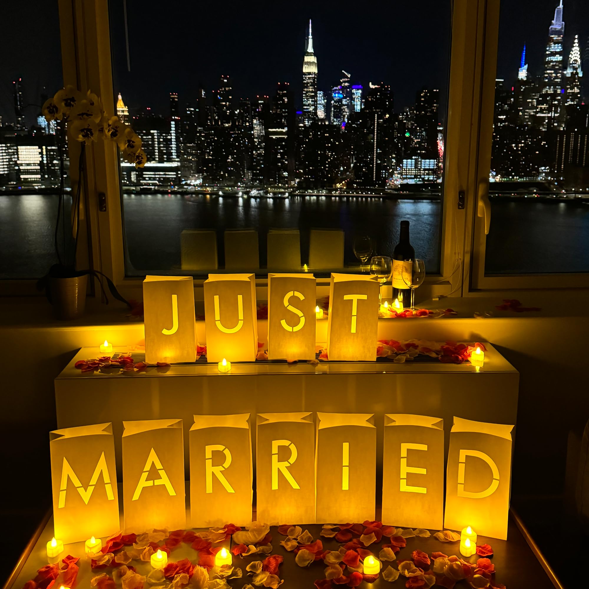 Wymm Just Married Light Up Letters With Tea Lights  Candles And Rose Petals - Luminary Paper Bags For Just Married Banner And Decorations