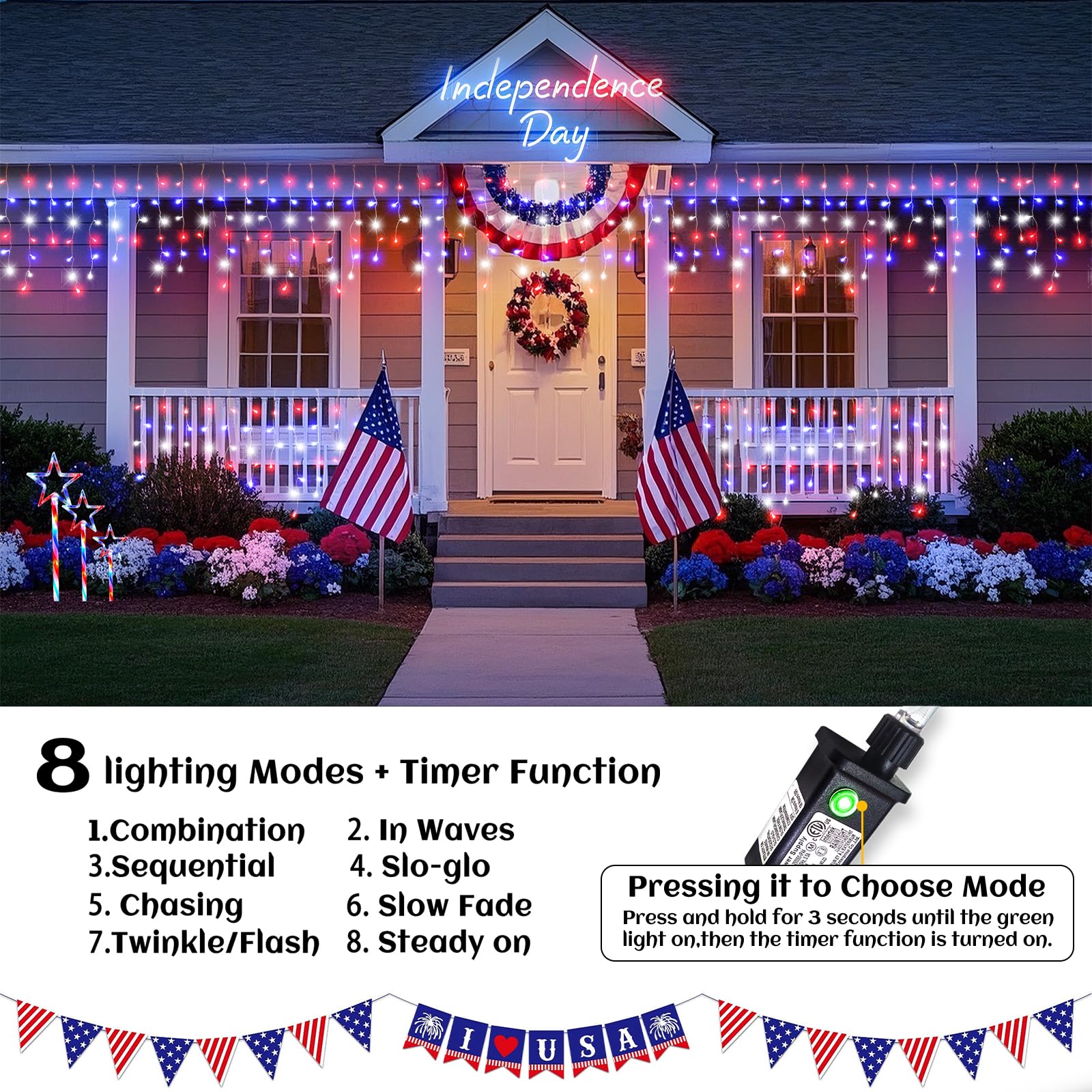 Nielfoi Christmas Lights Outdoor, 640 LED, 66ft Icicle Lights, Red White and Blue, Connectable for 4th of July Decor