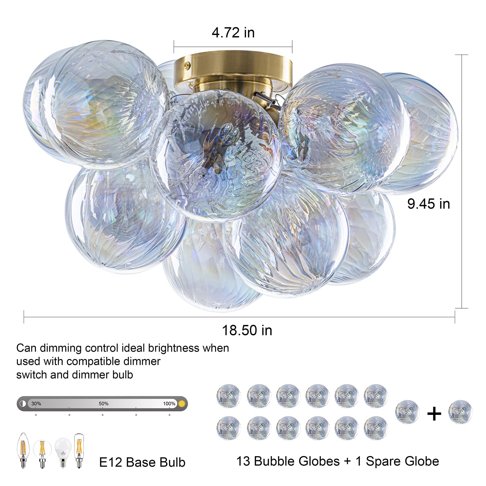 Semi Flush Mount Ceiling Light 18.5-Glass Bubble Chandelier Lighting Modern Hallway Light Fixtures Brushed Gold With 13 Swirled Colorful Globe For Dining Room Kitchen Bathroom Entryway Bedroom