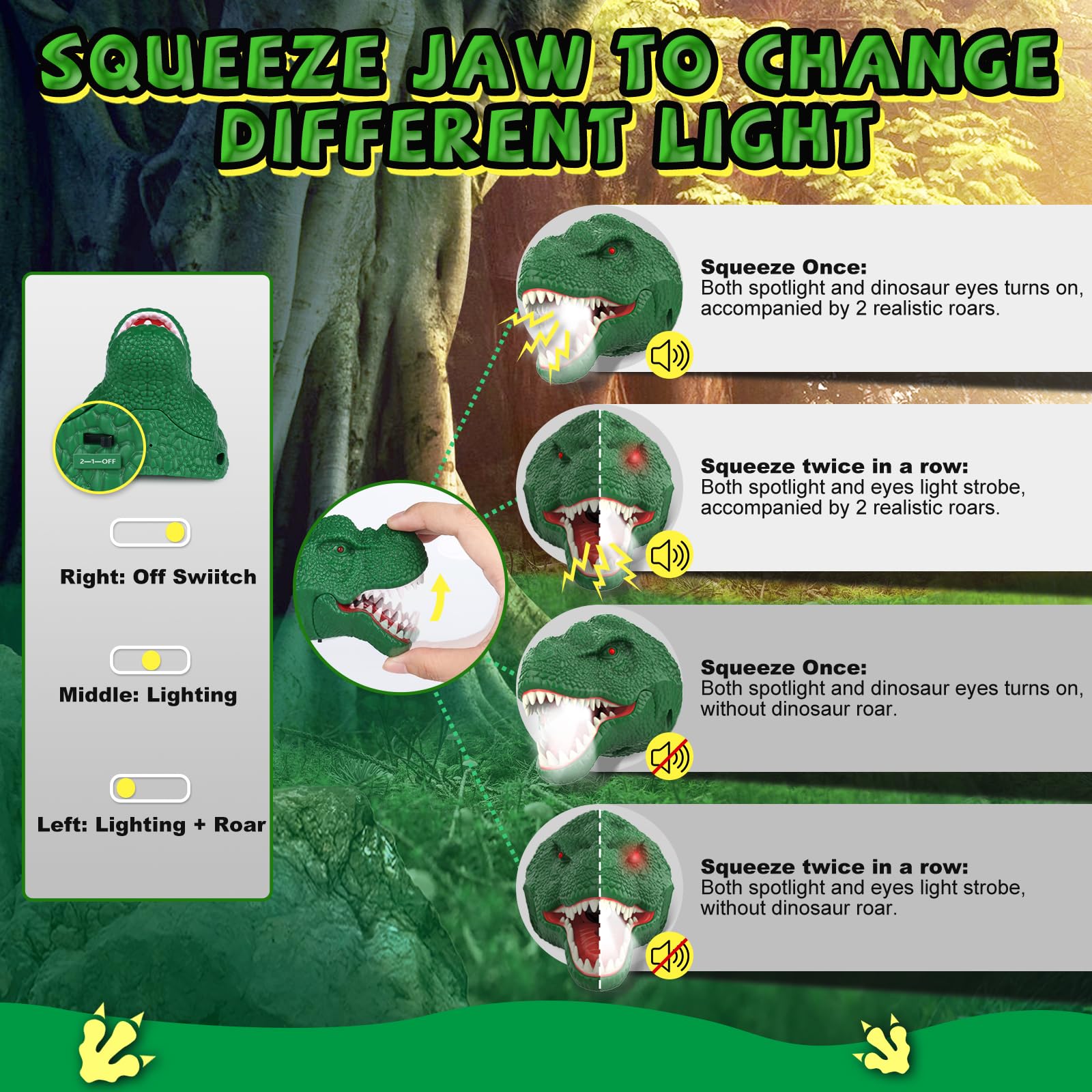 Nitigo Dinosaur Headlamp - T-Rex LED Flashlight for Kids 3-8, Green Plastic, Roar & Silent Mode, Perfect Camping Gear & Gifts