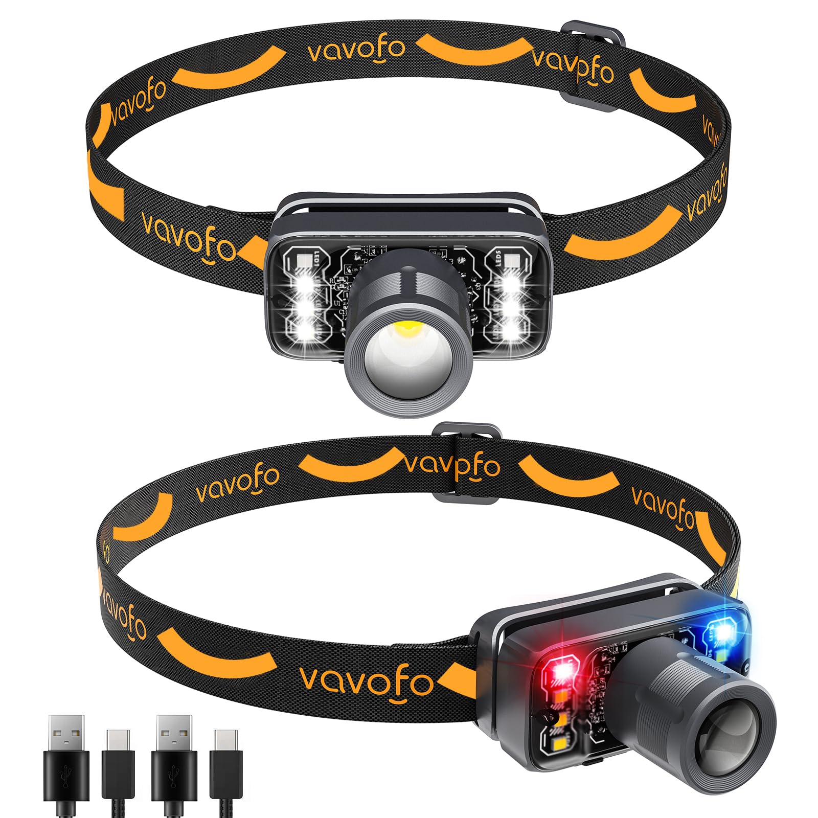 VAVOFO 2-Pack LED Headlamp Flashlight, 500 Lumen Rechargeable Waterproof Outdoor Headlight with Bright White +Red Light, Steples